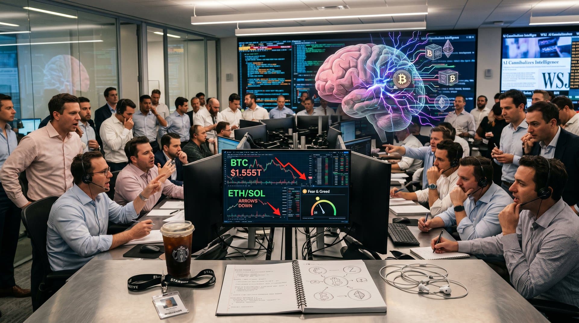 Neural network eroding human brain with crypto charts and Fear Index gauge