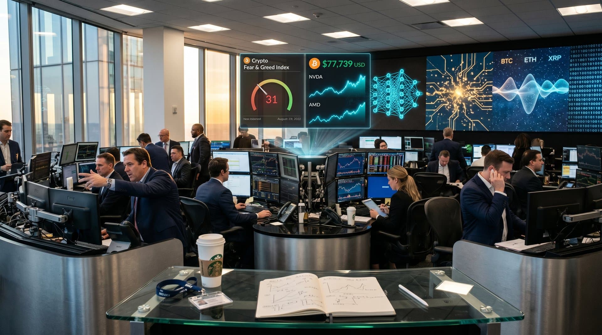 Digital charts of Nasdaq AI stocks and crypto Fear & Greed Index amid volatility visualization