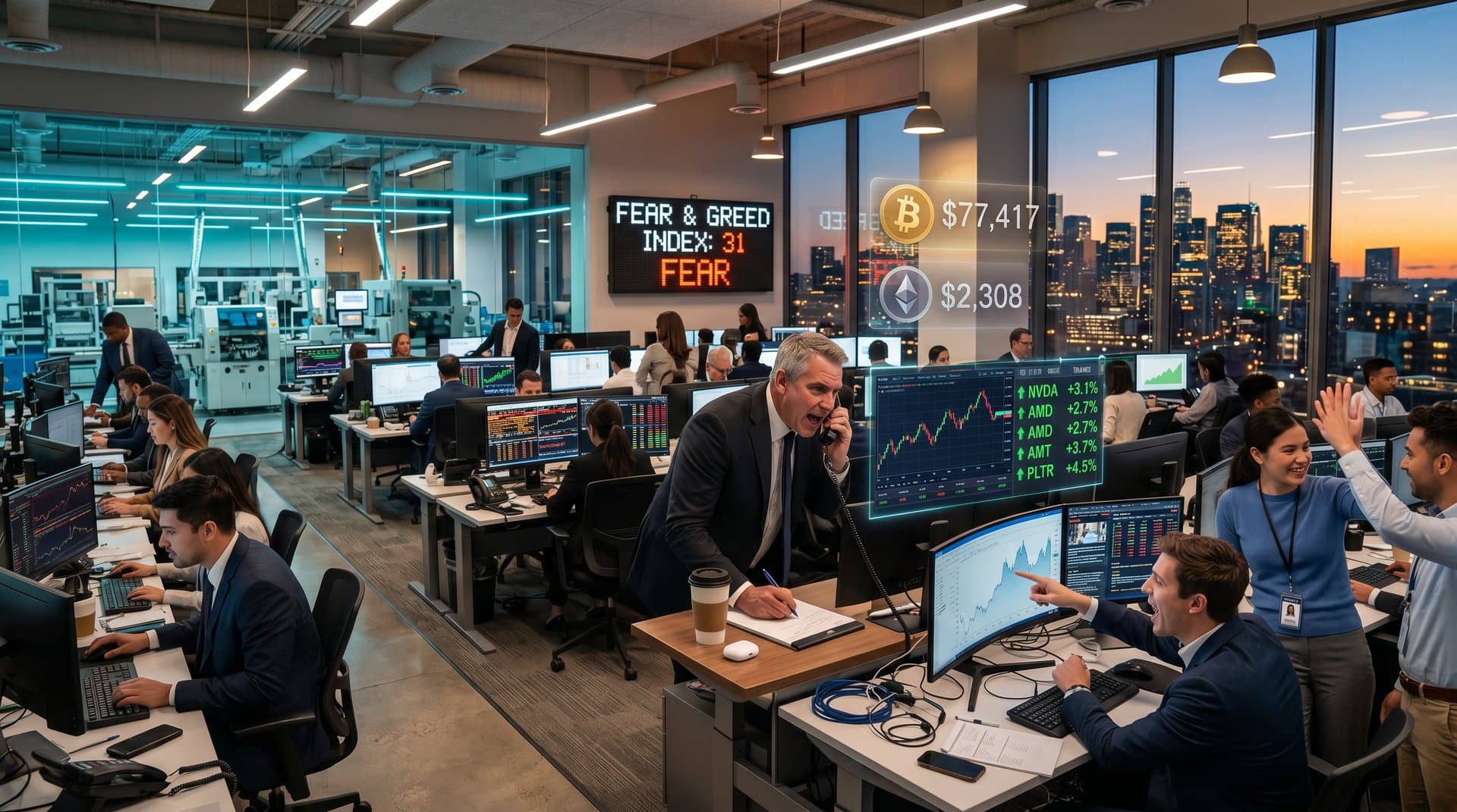 Digital screens display rising Nasdaq AI stock charts and Fear & Greed Index at 31 in modern trading setup.