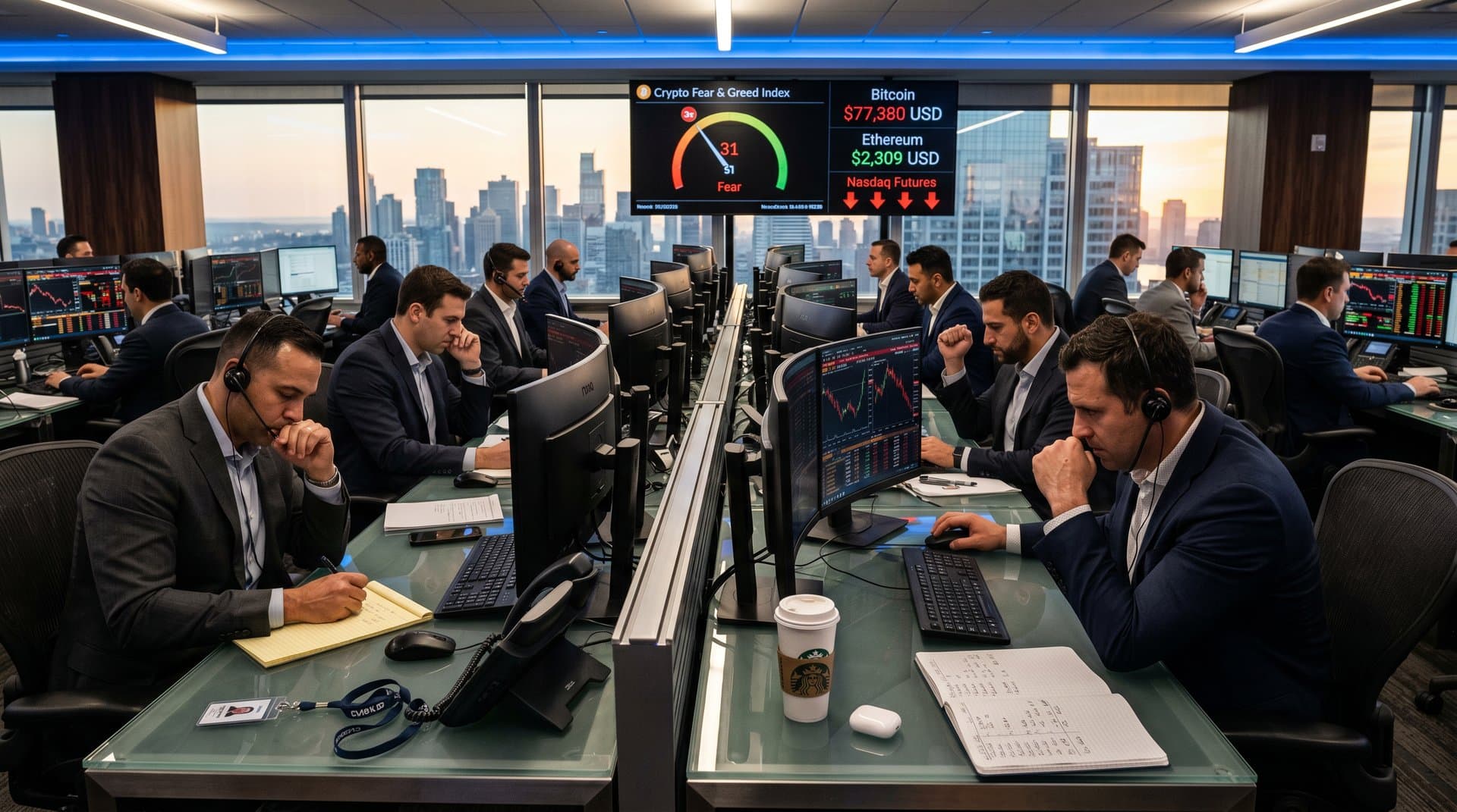 Trading floor analysts monitor Nasdaq AI stock charts and Fear & Greed Index at 31 amid market volatility