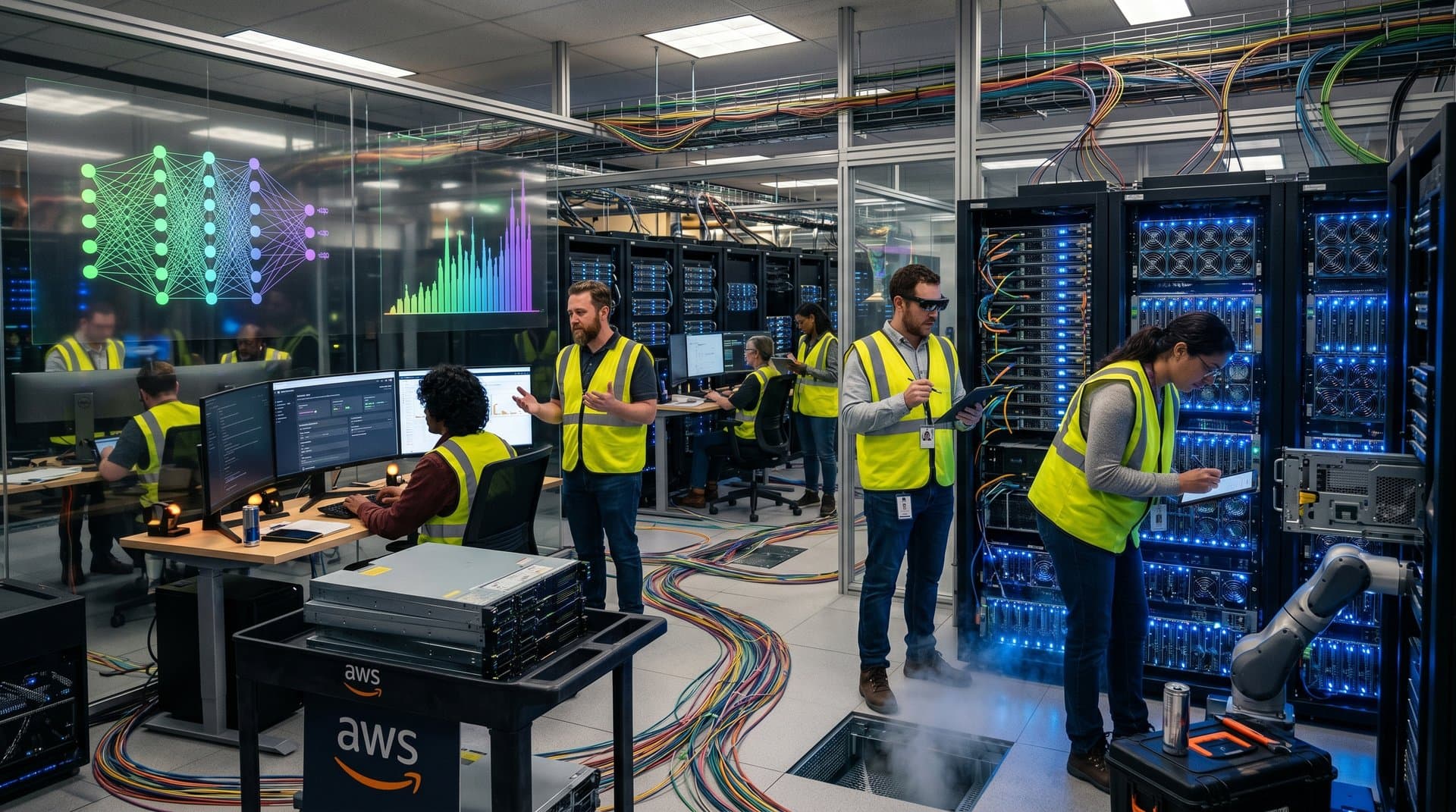 AWS data center with Trainium AI racks, glowing servers, fiber cables, and monitoring consoles under LED lights