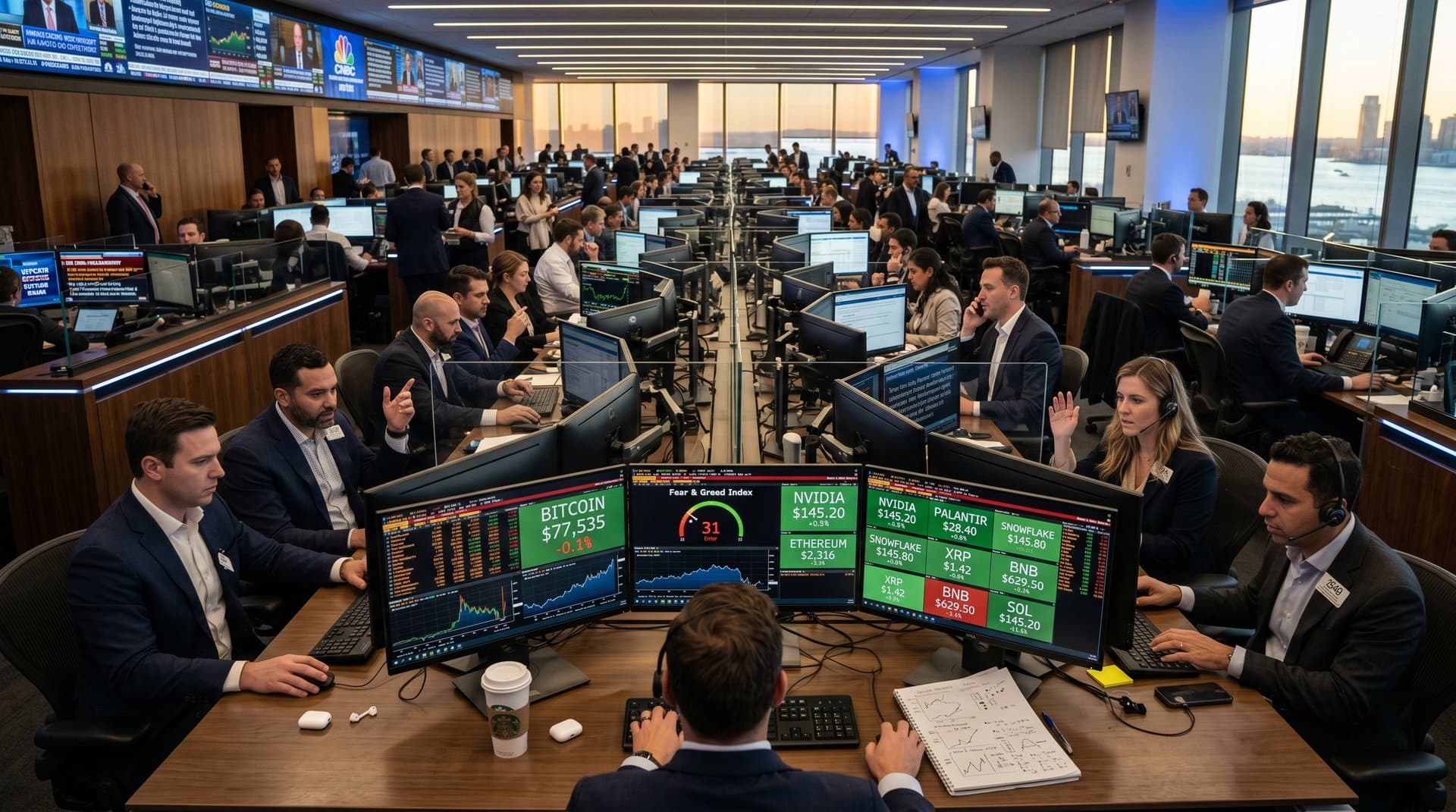Trading floor screens show AI stocks, Bitcoin at $77,535, Fear & Greed at 31 amid analyst discussions