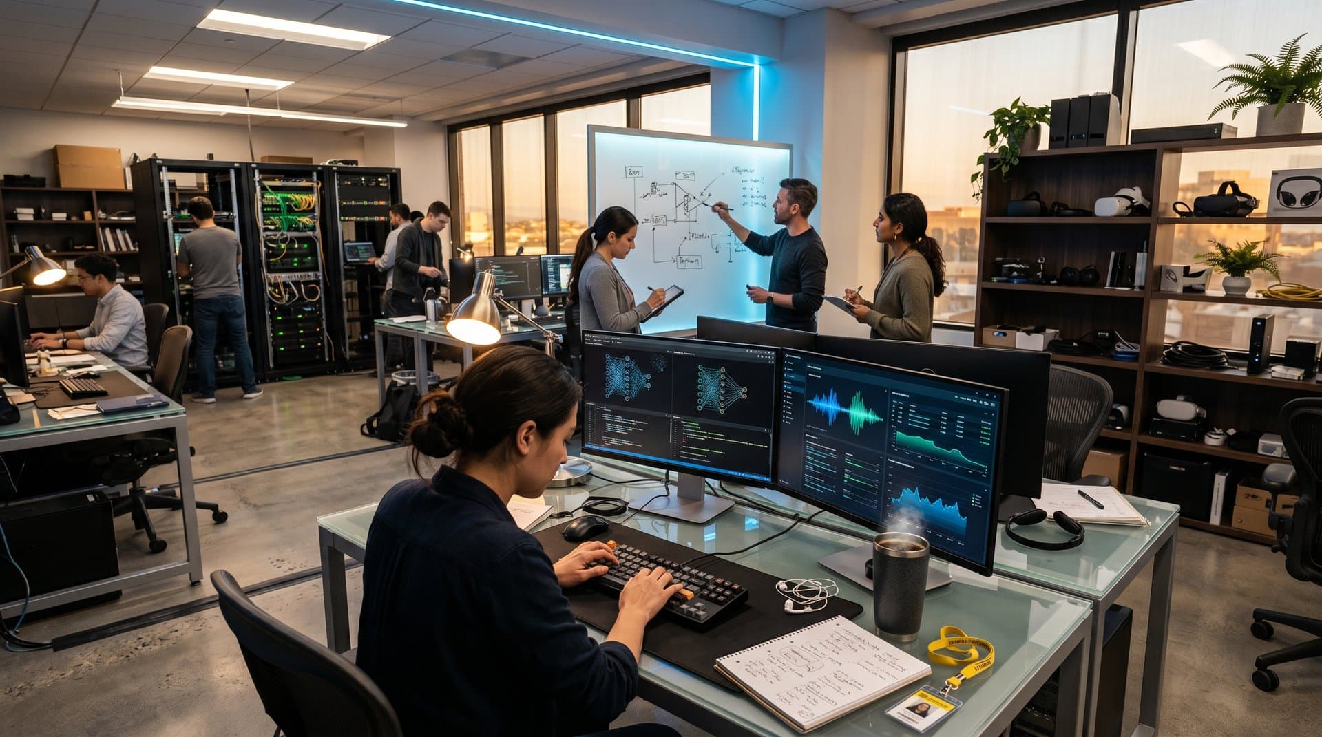 OpenAI lab with engineers reviewing AI biosecurity models and code on monitors under modern lighting