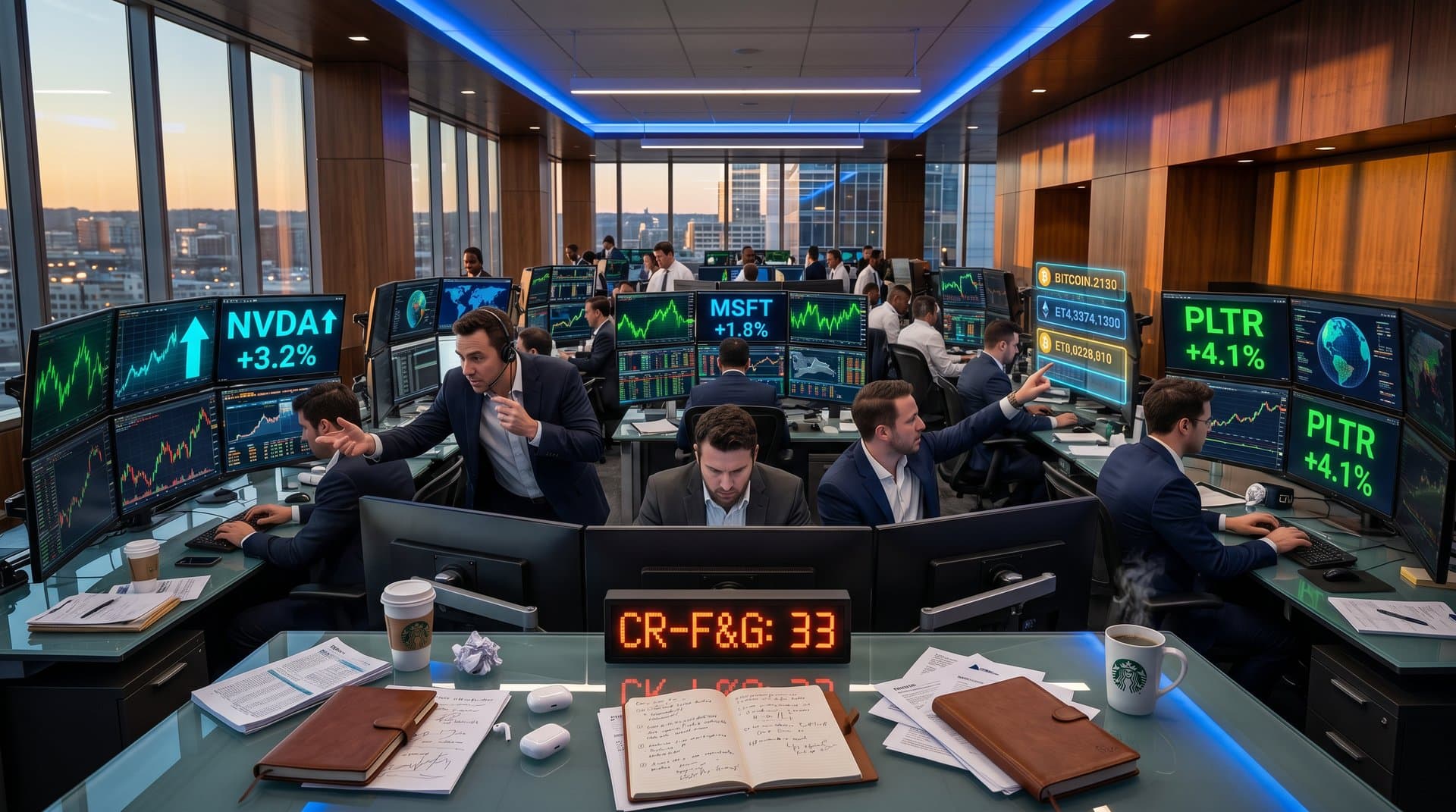 Trading terminals show Nasdaq charts, AI stocks, and Fear & Greed Index at 33 in tech-focused market environment