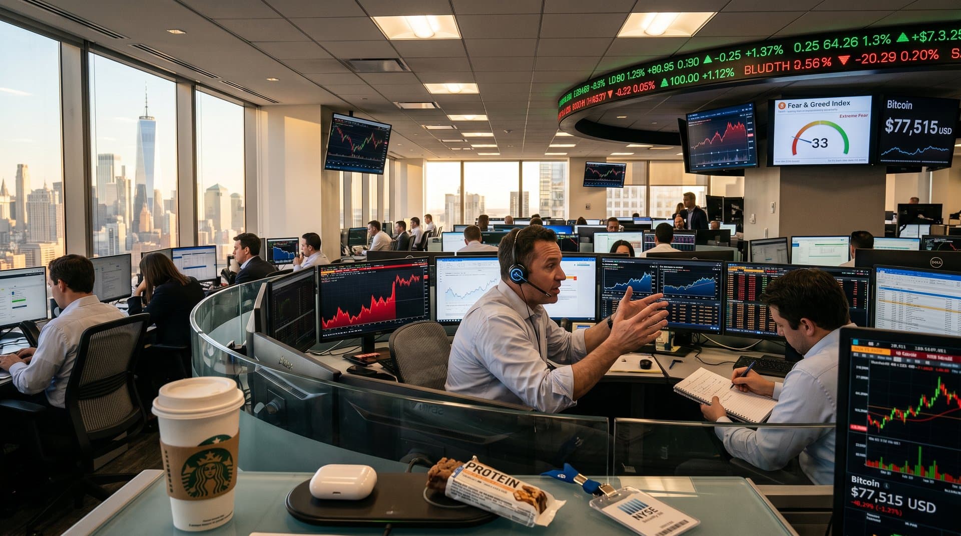 Traders monitoring SOUN stock charts, Fear & Greed Index at 33, and crypto prices on Nasdaq trading floor