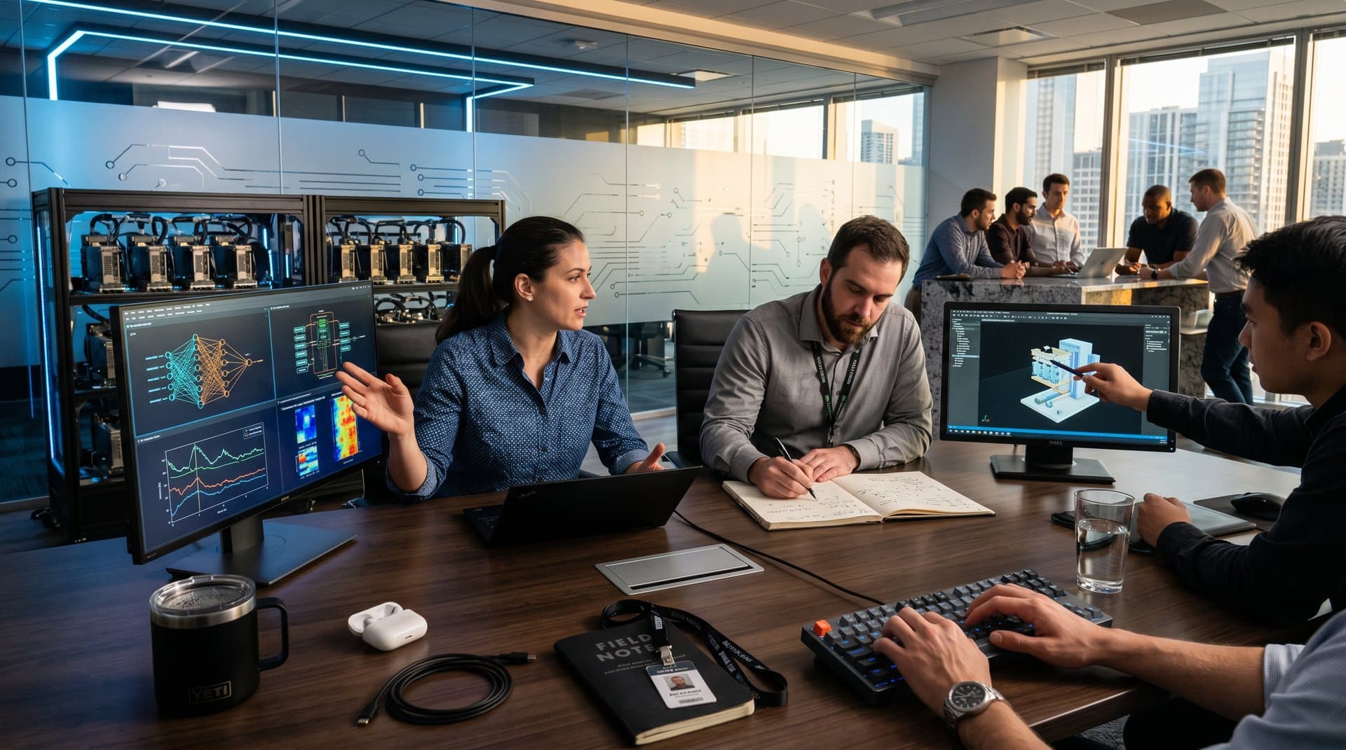 Modern tech room with AI neural network displays, GPU servers, and data visualization screens