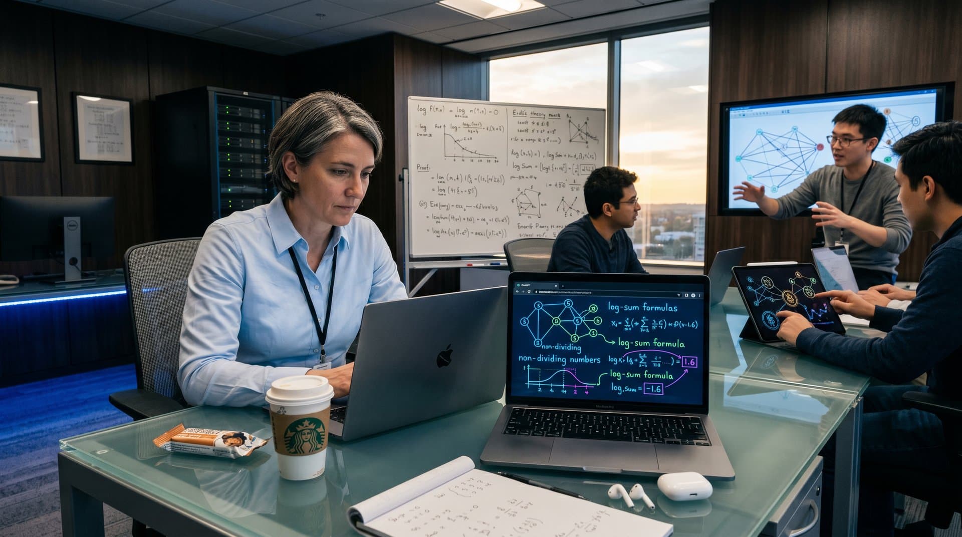 ChatGPT interface displaying primitive sets math proofs and Erdős sum graphs in abstract digital style