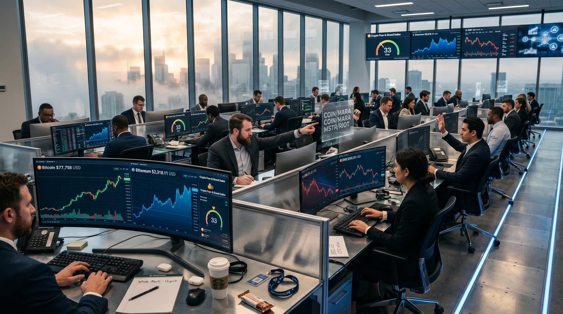 Trading screens show BTC at $77K, Fear & Greed 33, crypto charts on modern finance floor with skyline