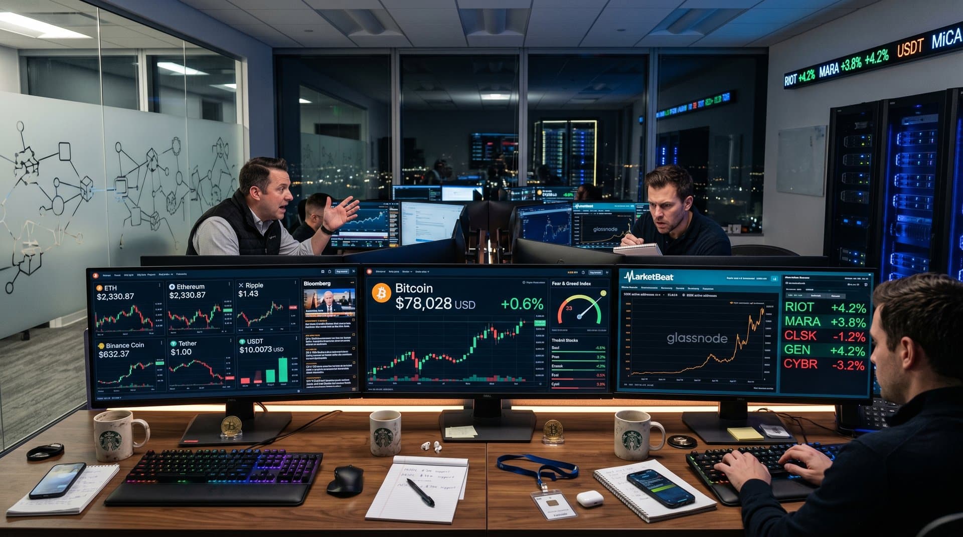 Trading screens show Bitcoin at $78K and Fear & Greed Index at 33 amid crypto market data on finance desk