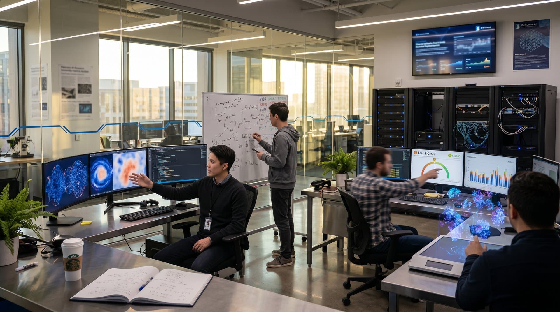 AI lab with neural network screens, GPU racks, stock tickers showing Fear & Greed Index at 33, and tech workspace elements