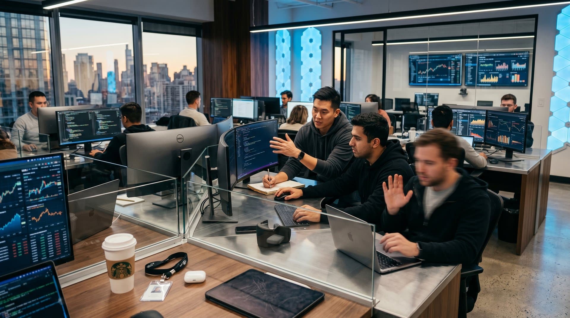 Tech office screens showing AI stock growth charts and revenue projections for software firms versus hardware