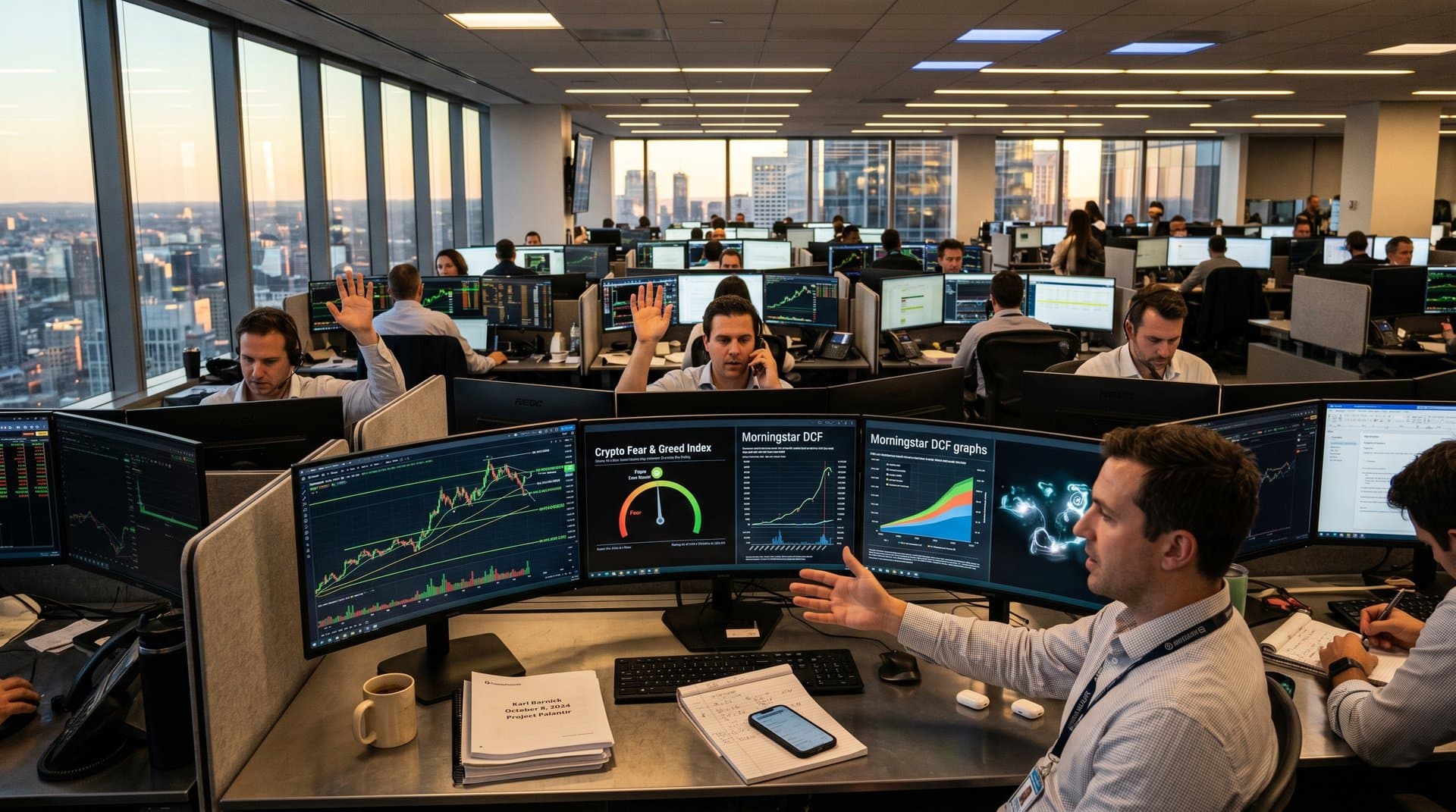 Trading screens showing Palantir PLTR AI growth stock charts, Morningstar $55 valuation, Crypto Fear & Greed Index at 33 in finance office