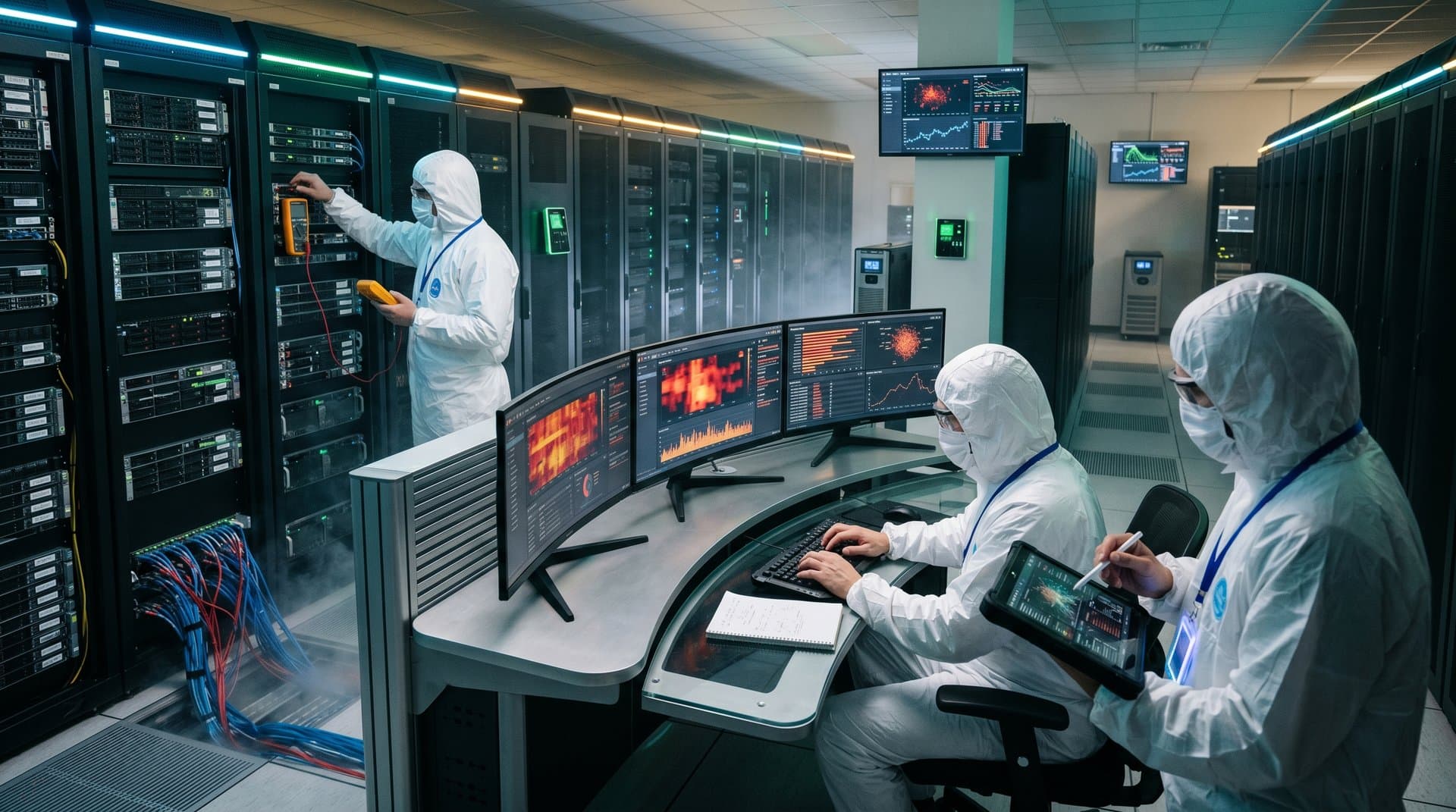 Cybersecurity team monitors AI dashboards in secure data center with server racks and threat maps (92 chars)