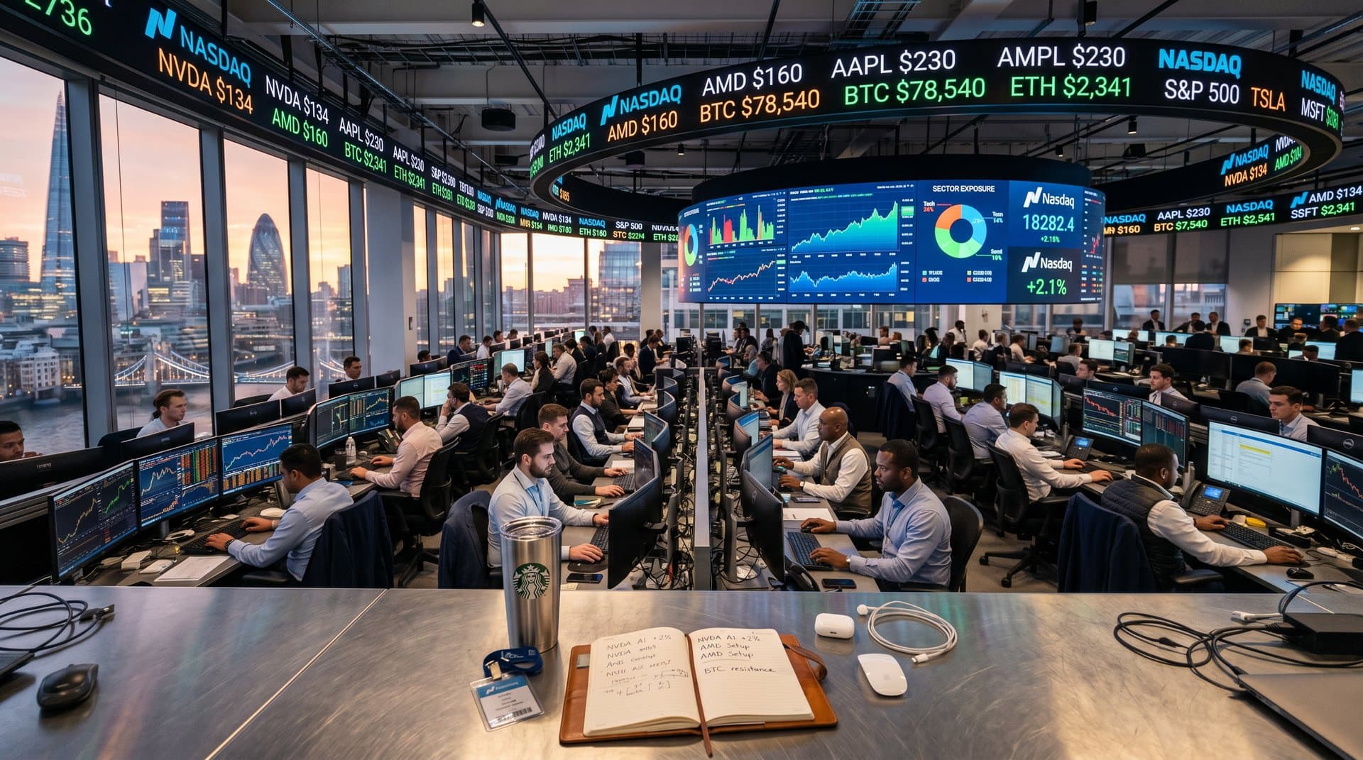 Traders at Goldman Sachs desks pore over Bloomberg terminals showing AI stocks, Nasdaq charts, and crypto prices like BTC amid city skyline view