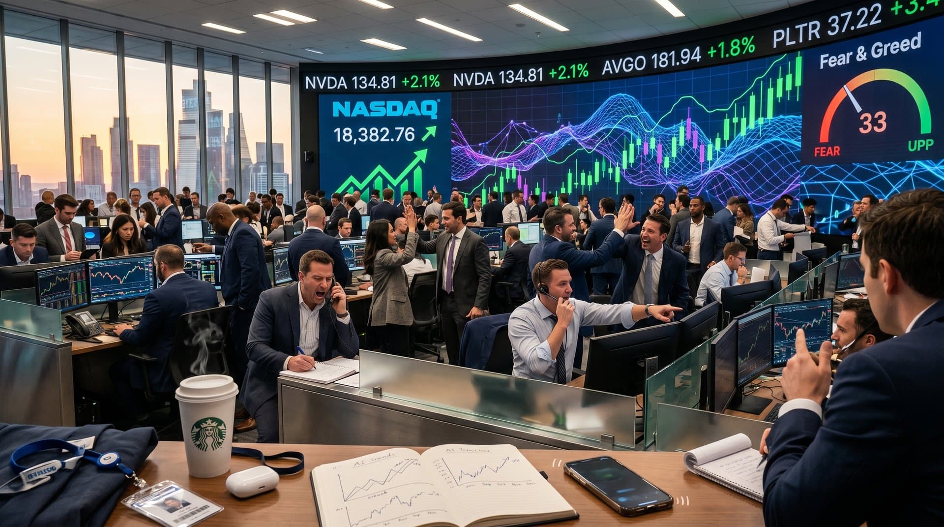 Trading screens show Nasdaq record high with AI stocks NVDA, AVGO, PLTR in green amid rising charts and data overlays