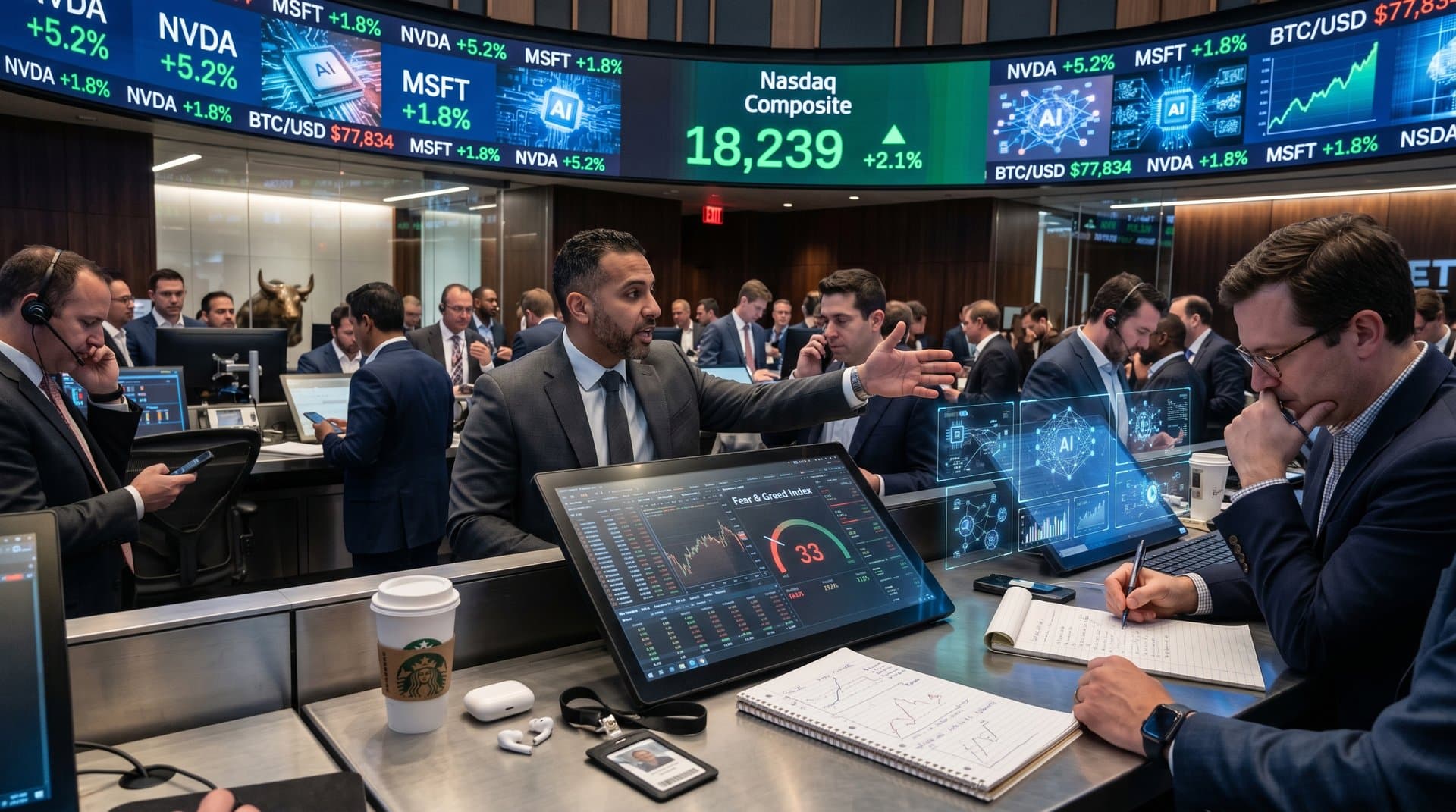 Trading screens show Nasdaq rally driven by AI stocks amid crypto Fear & Greed Index at 33