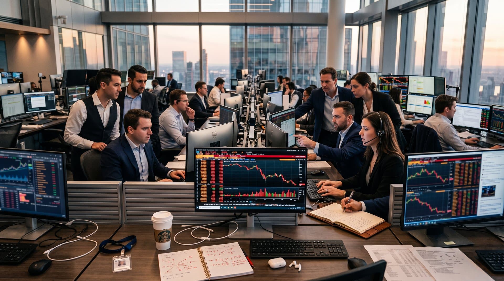 Analysts monitor Atlassian stock decline and CNN Fear & Greed Index on trading screens