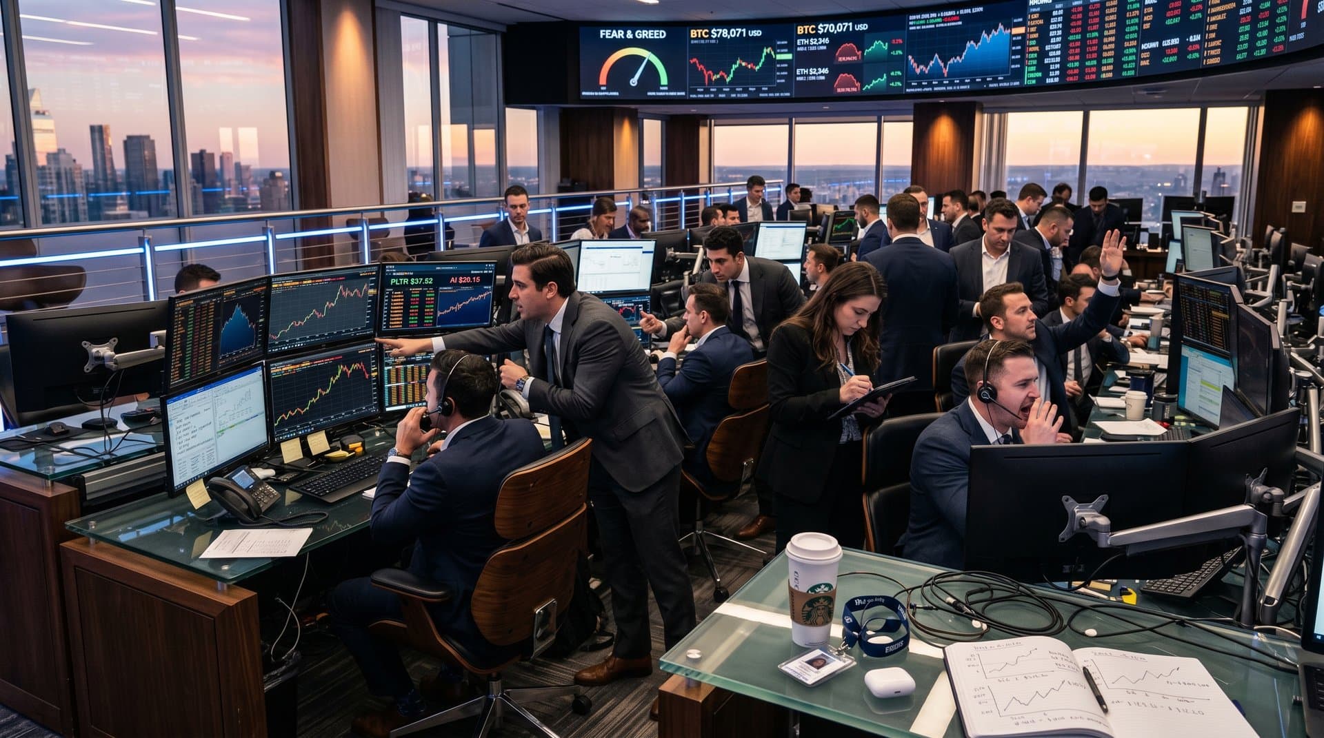 Trading floor analysts review Nasdaq AI charts and Fear & Greed Index at 33 with Bitcoin price amid skyline view