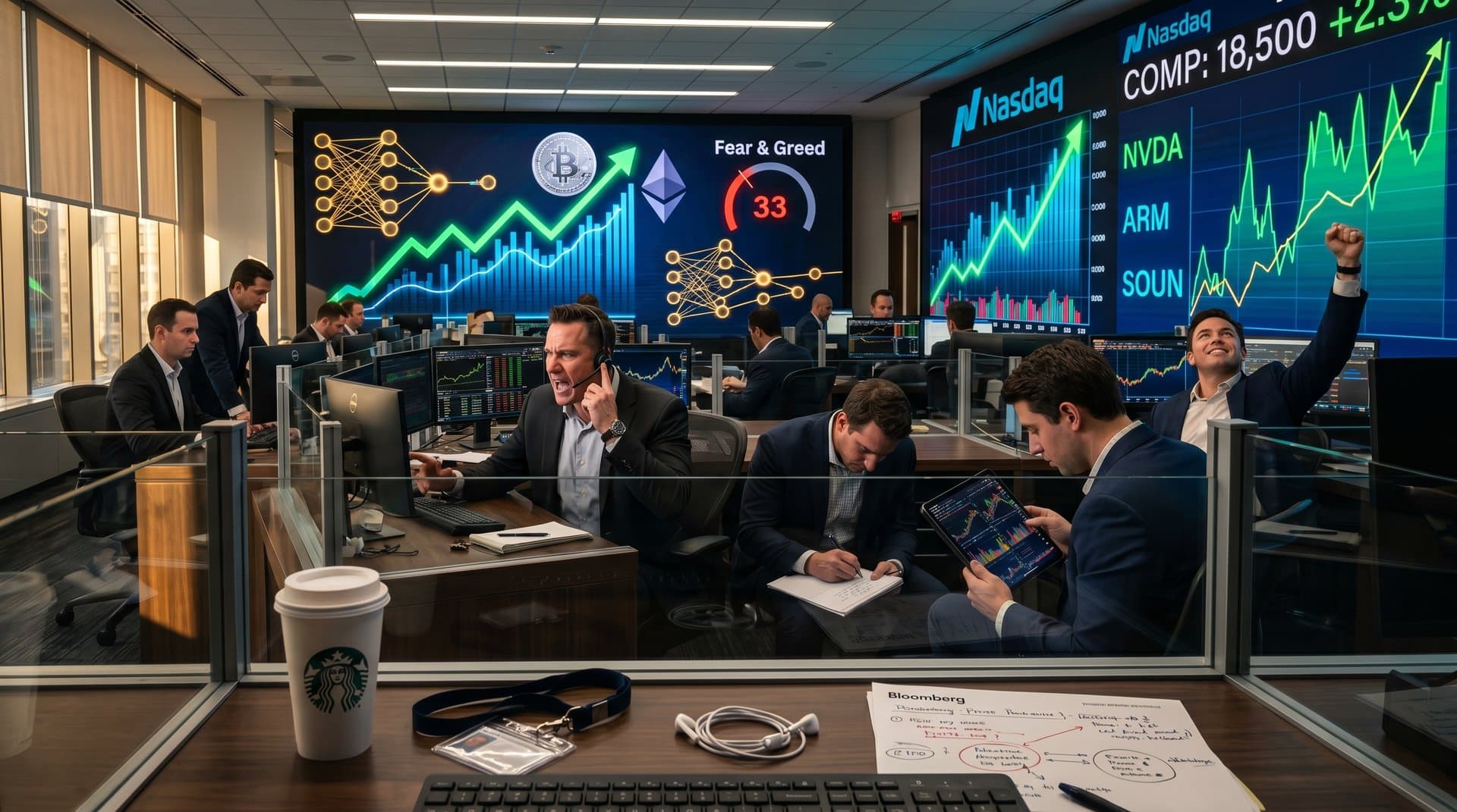 Abstract chart of AI stocks Nasdaq rally with crypto elements, Fear gauge at 33, and surging lines