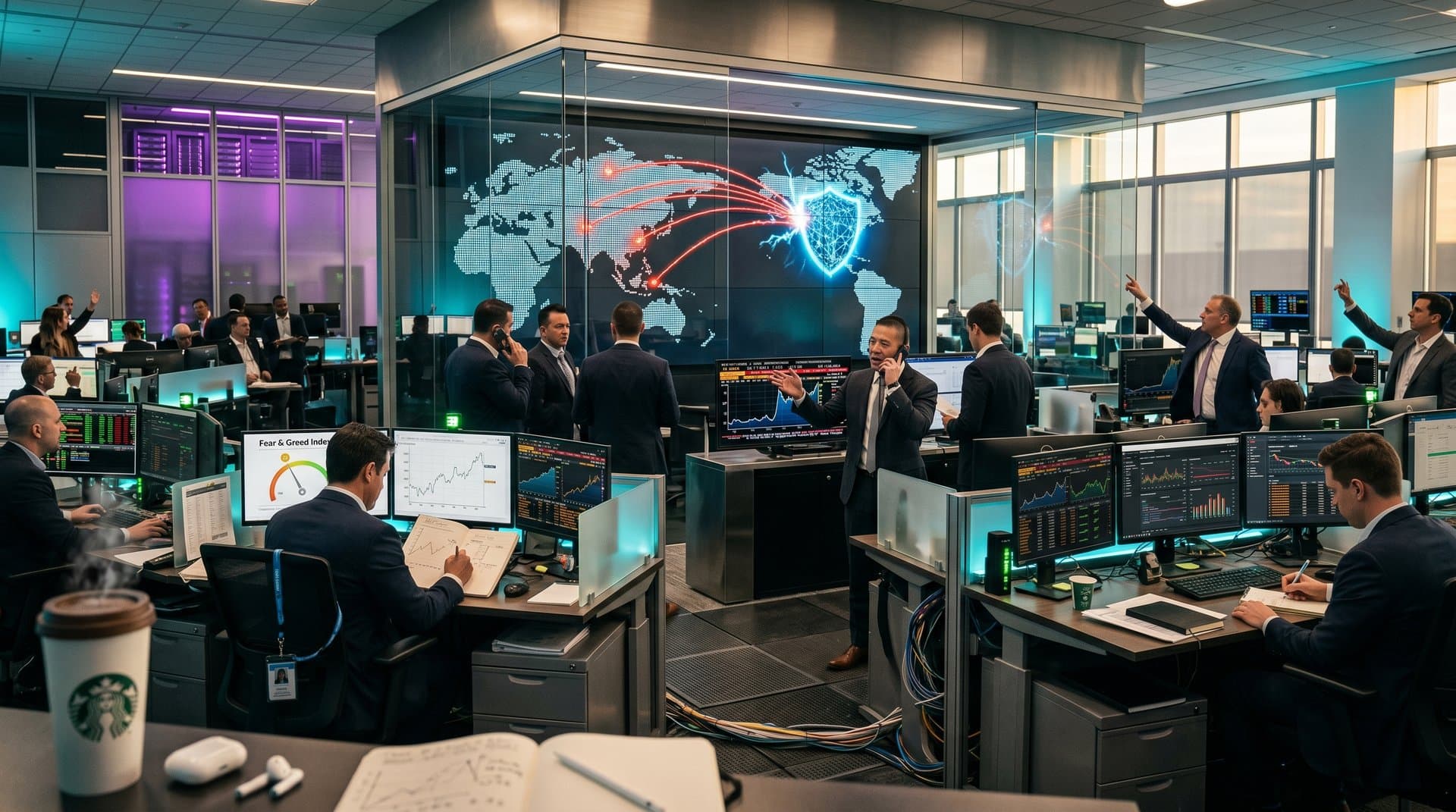 Digital AI cybersecurity network visualization with threat maps and data streams