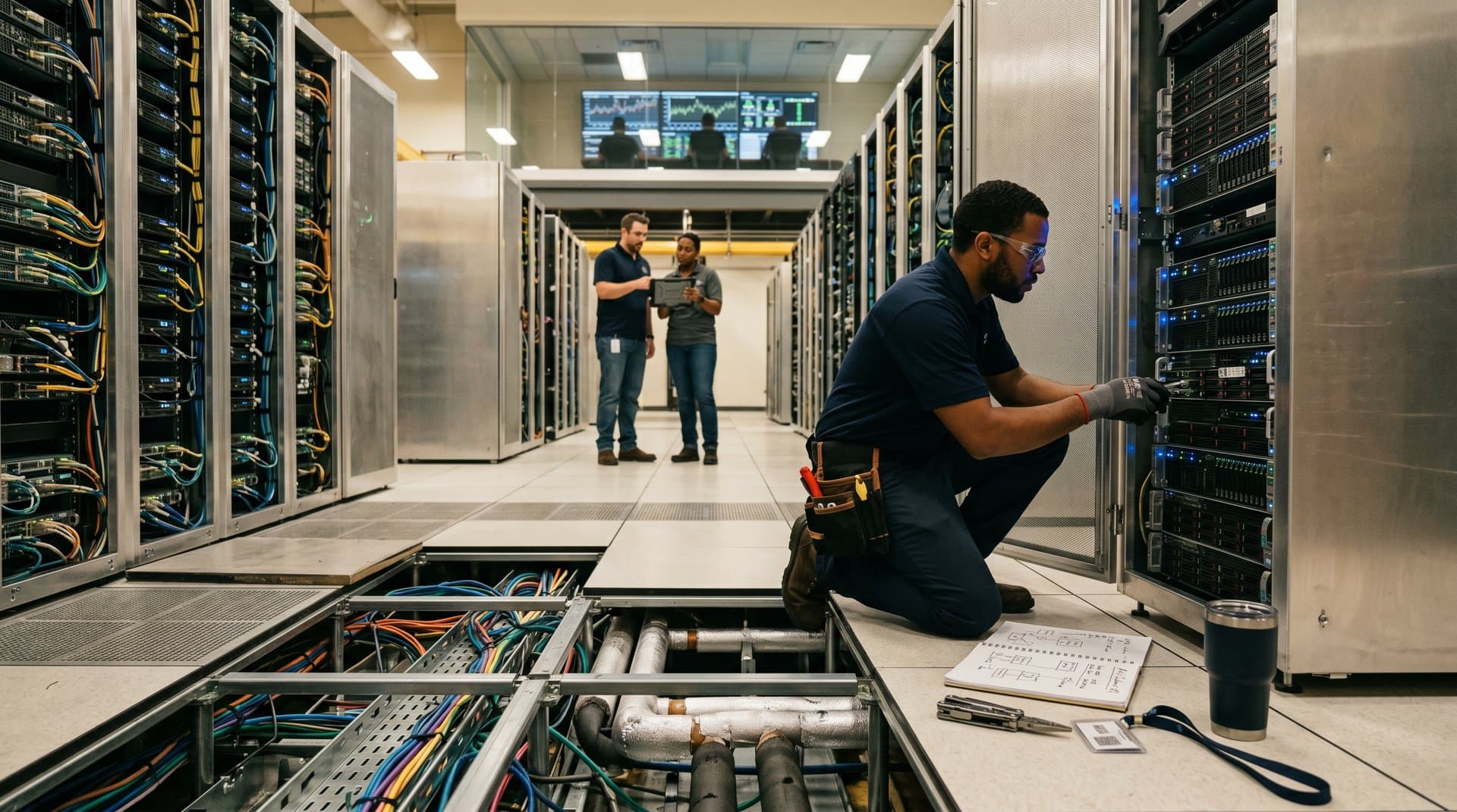 Engineer adjusts AI server rack in bustling data center with cables, cooling systems, glowing LEDs, and performance metric screens