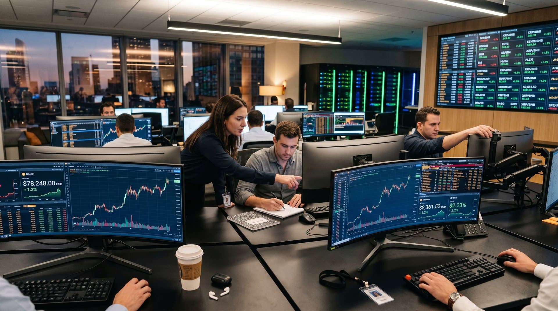 Trading screens display AI stocks like Nvidia and Palantir, Bitcoin at $78,248 USD, Fear & Greed Index at 33