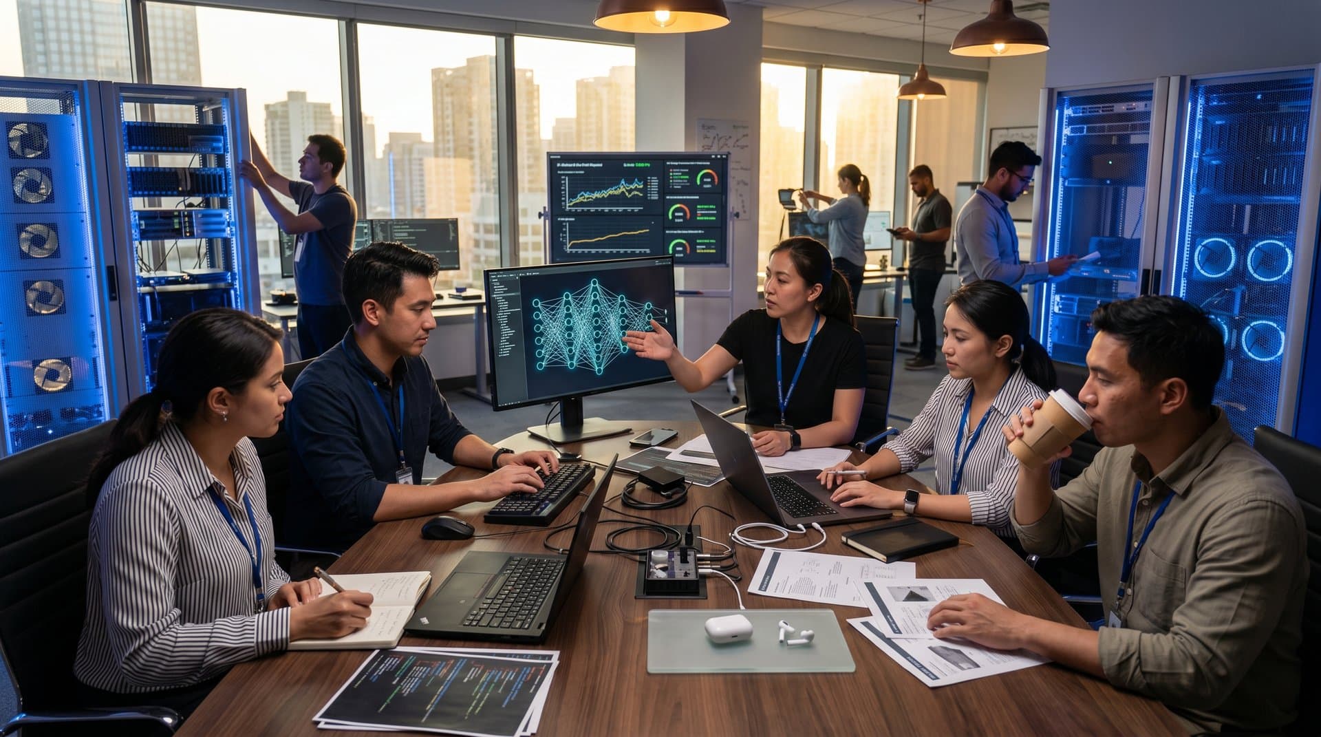 High-tech AI lab with GPUs, neural network monitors, server racks, and modern desks amid city skyline