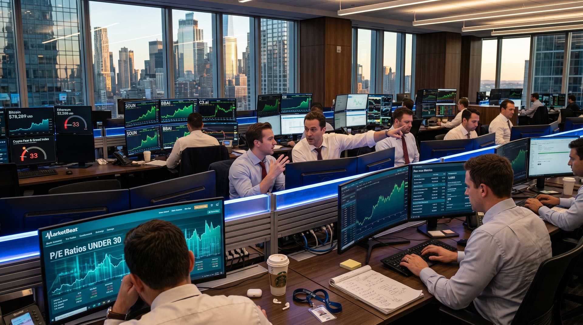 Trading screens displaying 12 undervalued AI stocks, MarketBeat screener, crypto prices, and Fear & Greed Index at 33