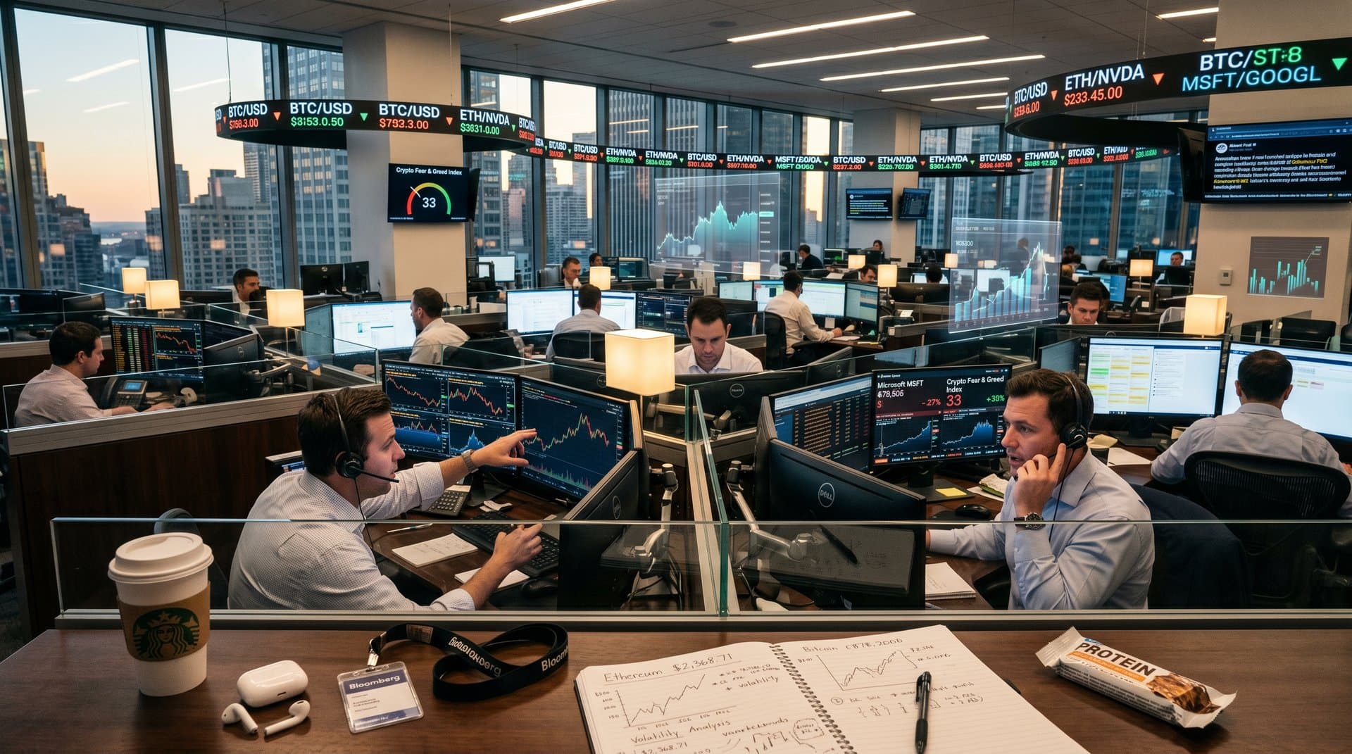 Traders analyze top AI stocks Nvidia, Microsoft, Alphabet and crypto prices Bitcoin $78,506 on multi-screen trading floor with skyline view