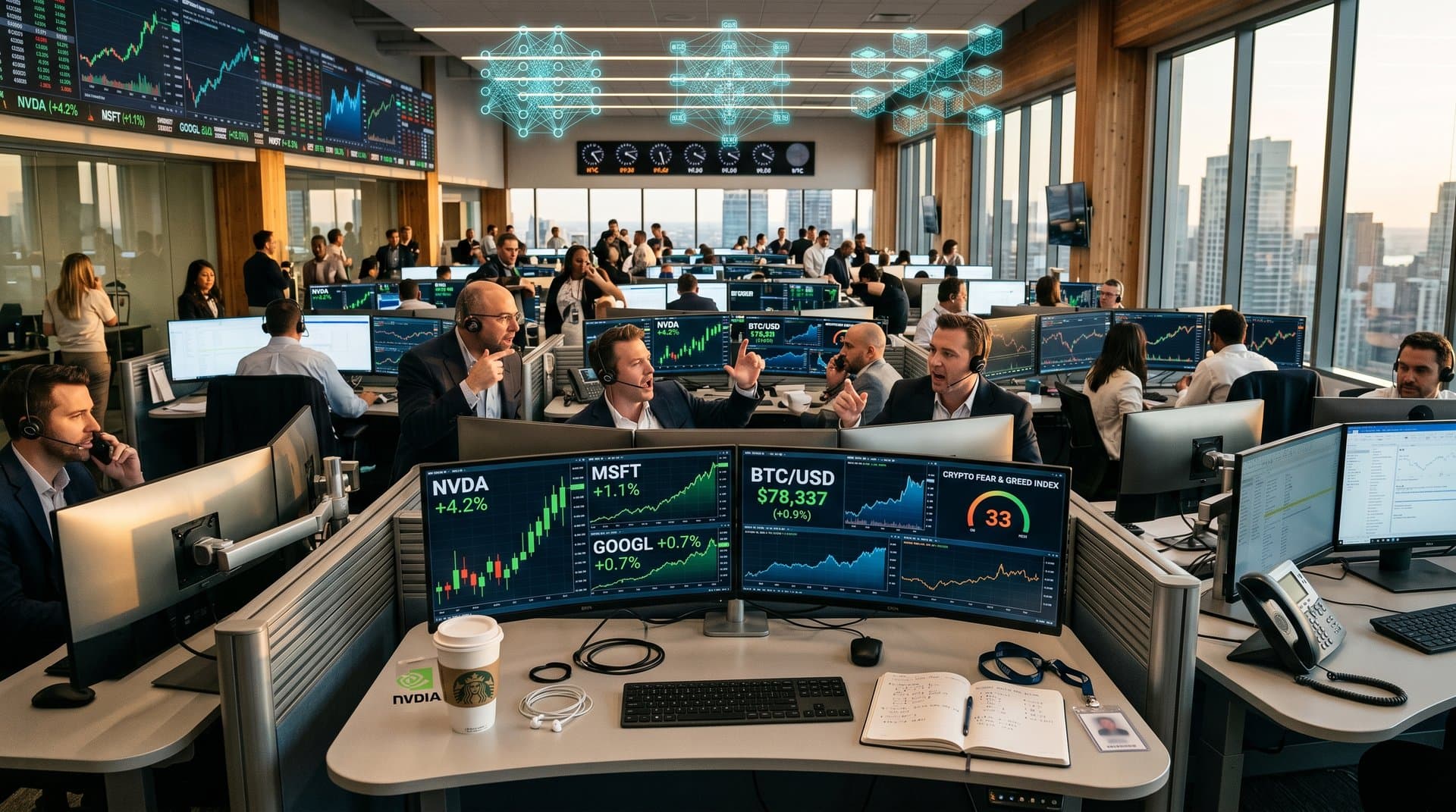 Trading floor with monitors displaying AI stocks NVDA MSFT GOOGL, BTC price, Fear & Greed Index at 33