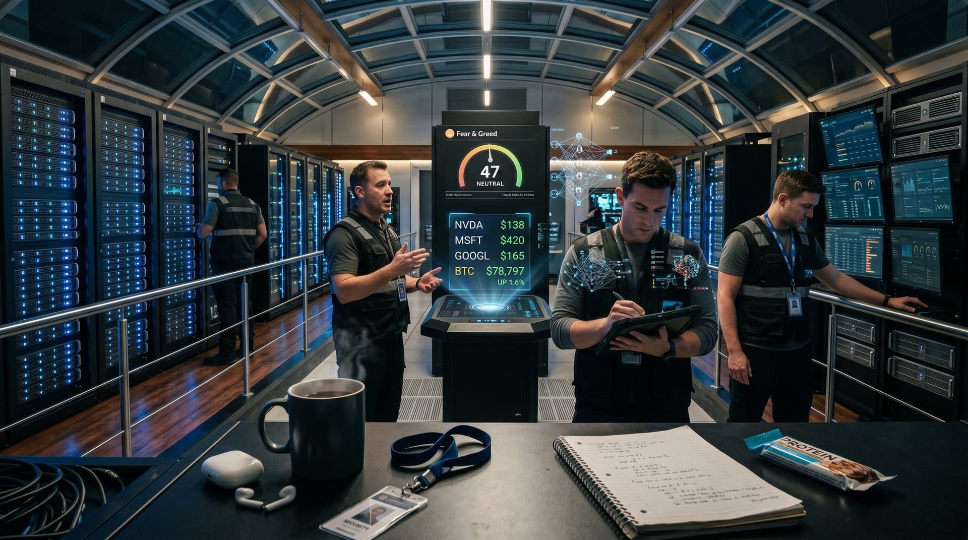 Financial charts of AI stocks and BTC price amid data center servers