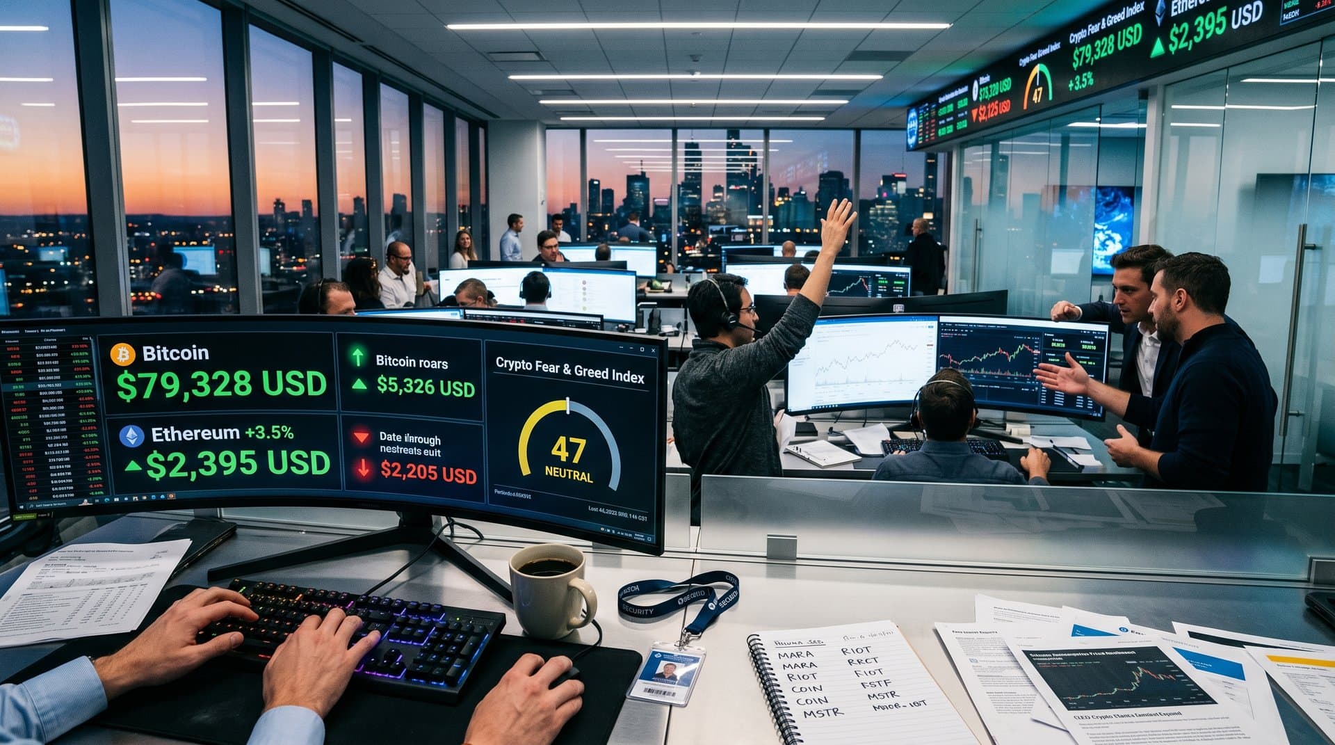 Trading floor monitors display Bitcoin at $79,328 and crypto market data amid post-halving rally