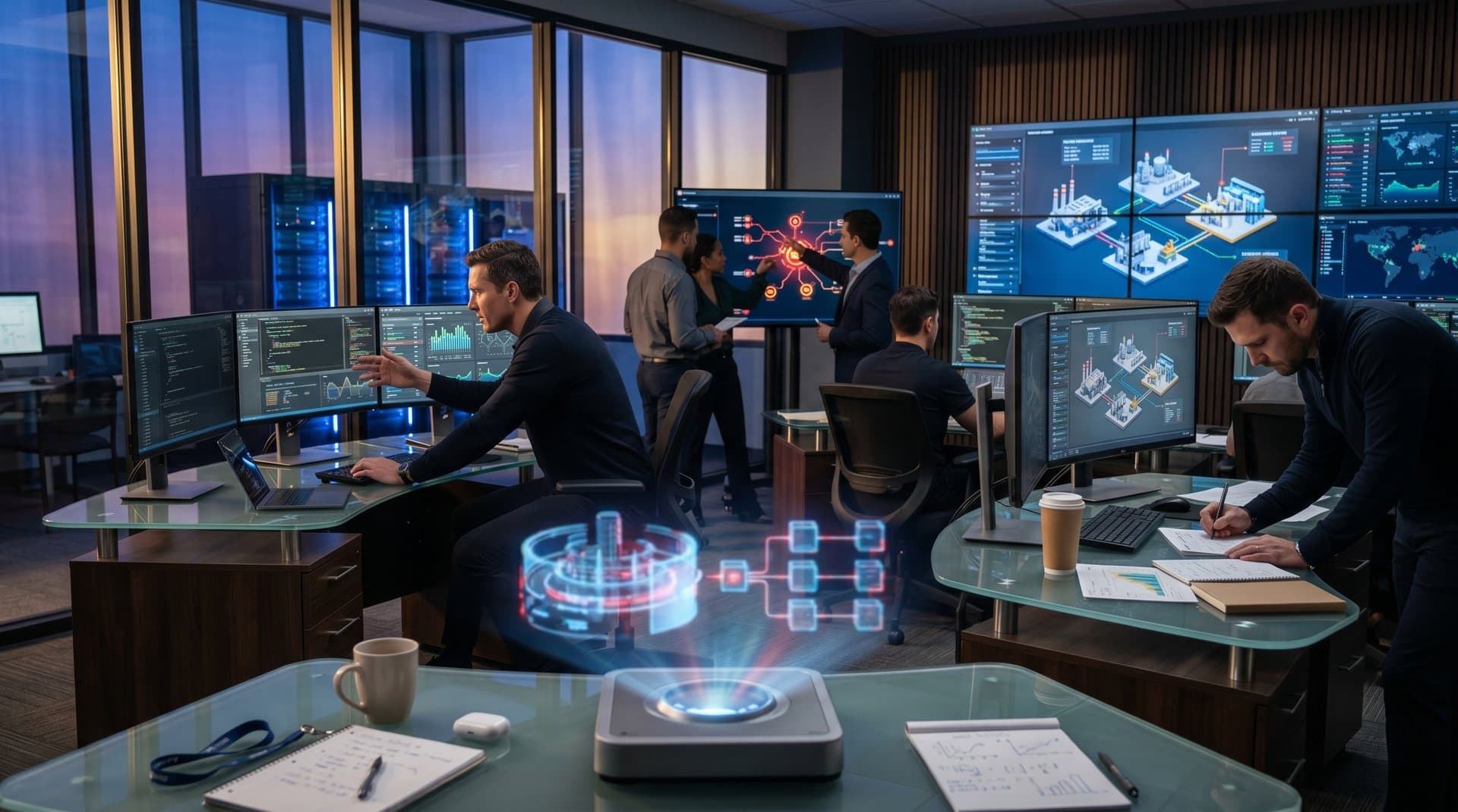 Cybersecurity team monitors threat maps in high-tech operations center