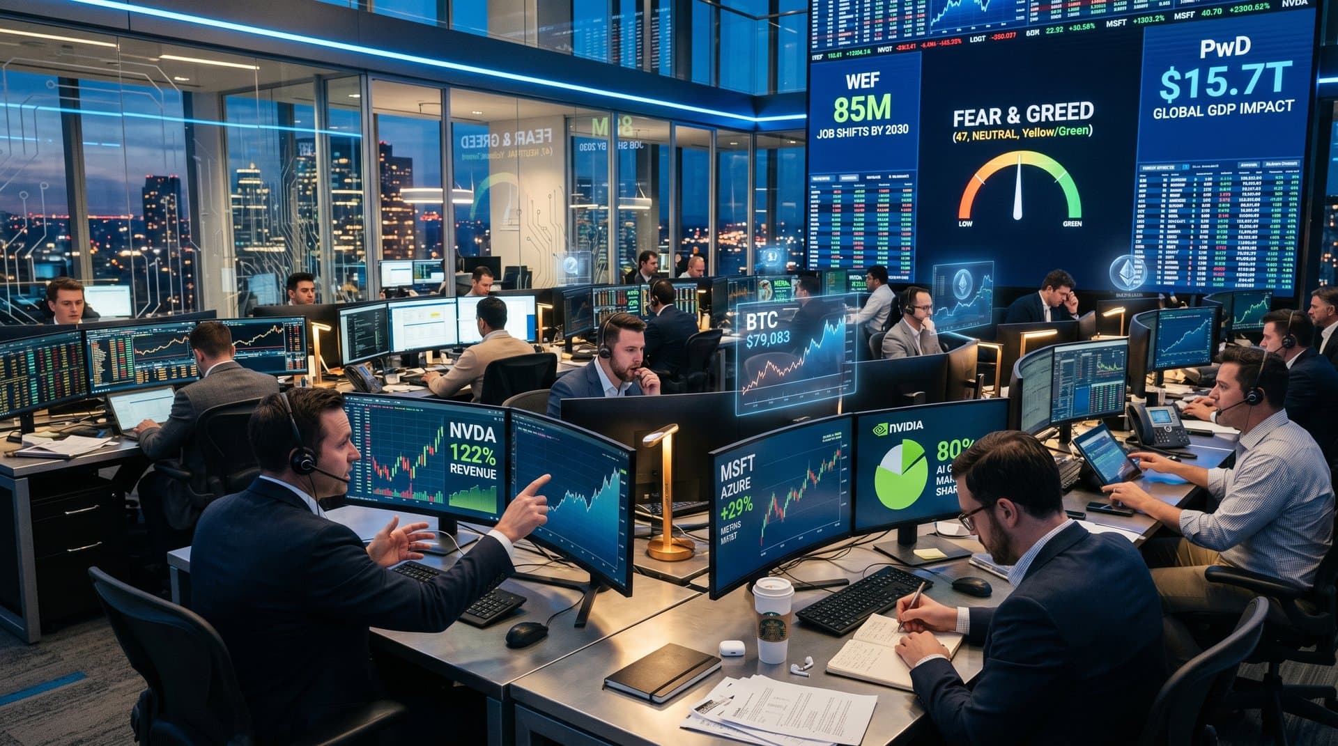 Trading desks with Nvidia Microsoft AI stocks charts, 122% growth graphs, 85 million jobs shift visuals, and neutral Fear & Greed Index on modern finance floor
