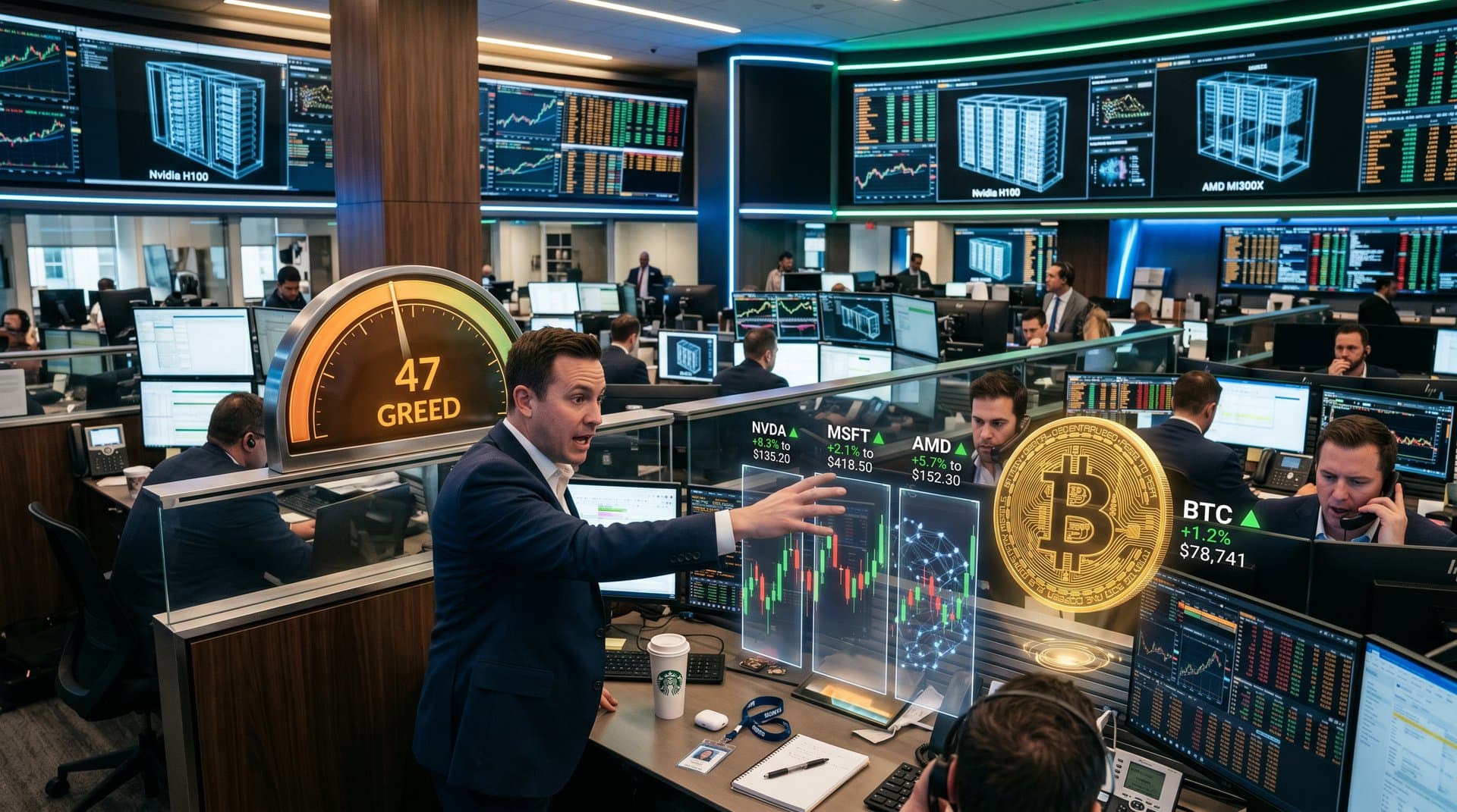 Neural network visualization with rising AI stock tickers NVDA, MSFT, AMD and Bitcoin price amid neutral market sentiment