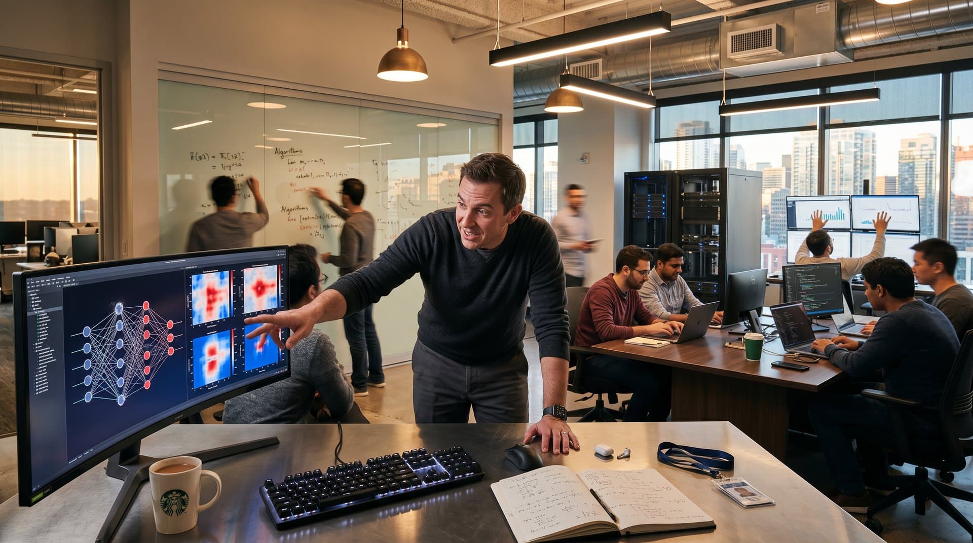 AI lab with monitors showing neural networks, whiteboard equations, server racks, and city view through windows