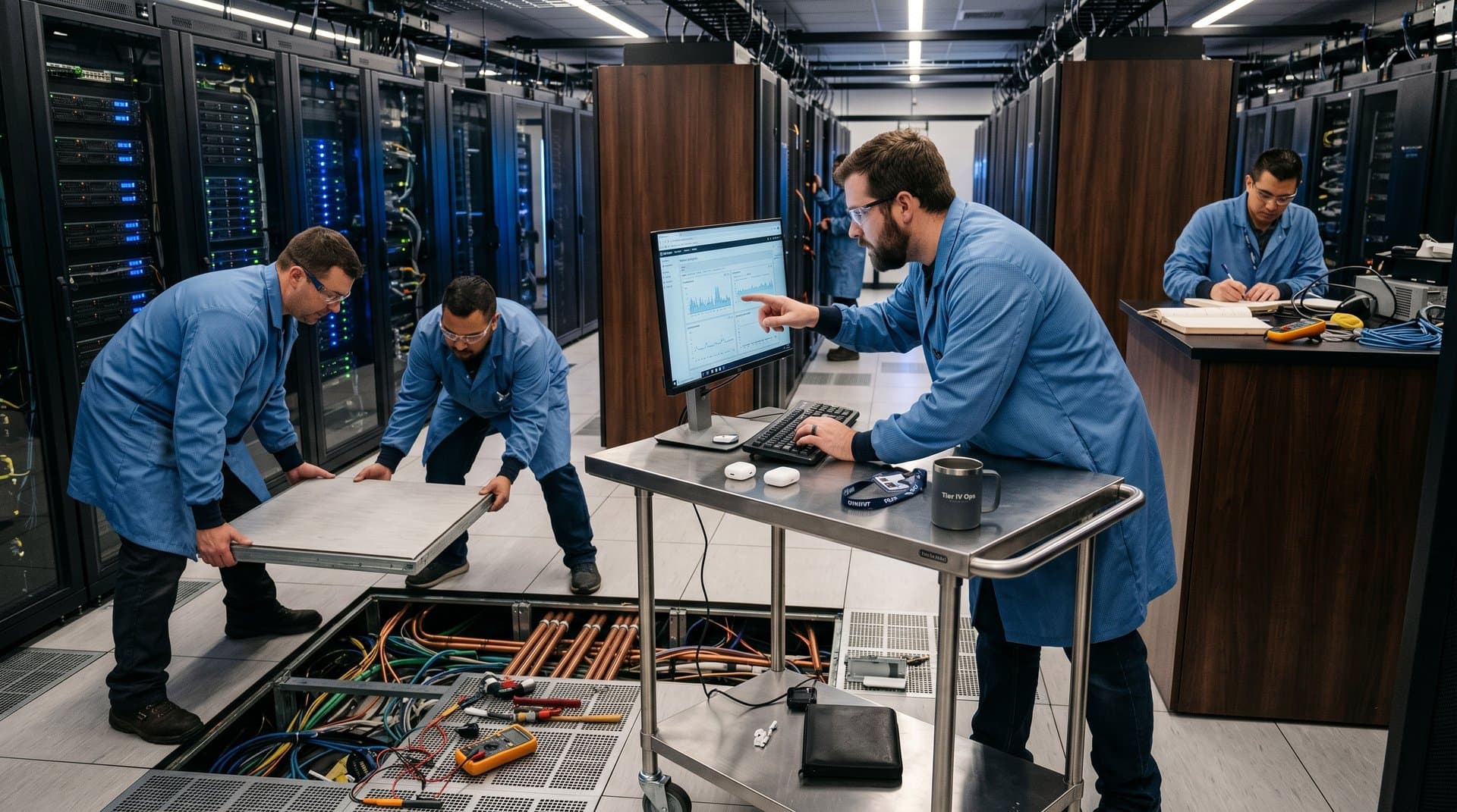 Technicians lift raised floor tiles in busy Tier IV data center amid server racks, diagnostic monitors, and LED-lit equipment bays