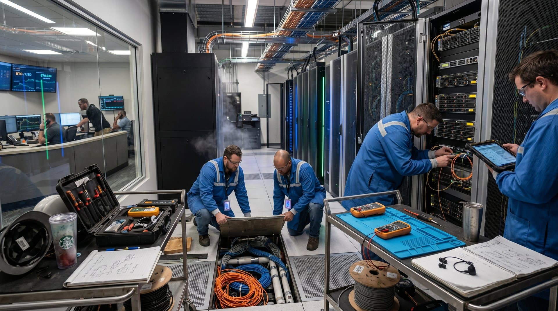 Technicians maintain Tier IV data center with server racks and control room in background