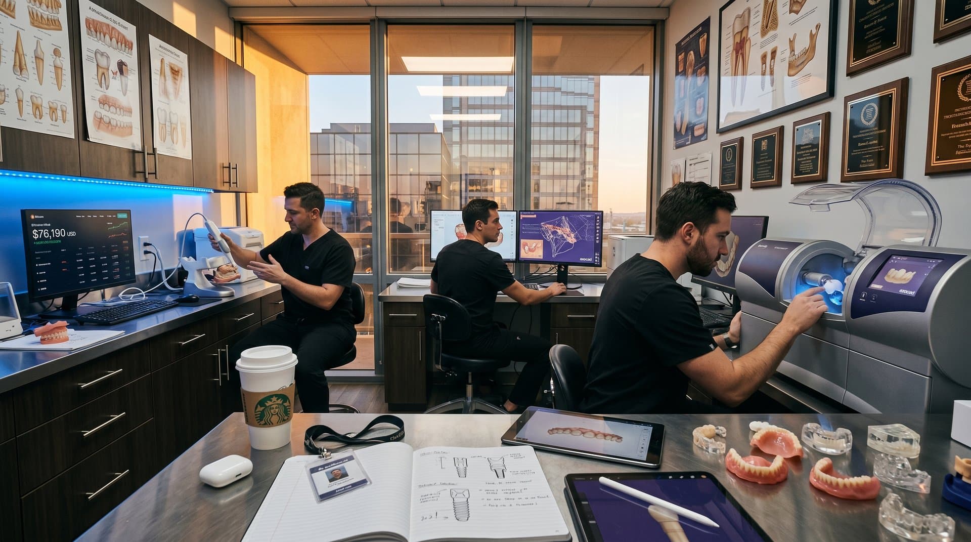 3D AI dental CAD renderings on screens in modern lab with milling machine and scanners