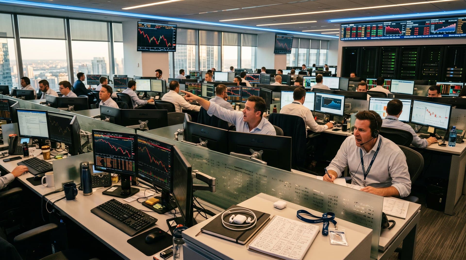 Traders monitor falling Oracle and chip stock charts on trading floor amid OpenAI revenue news