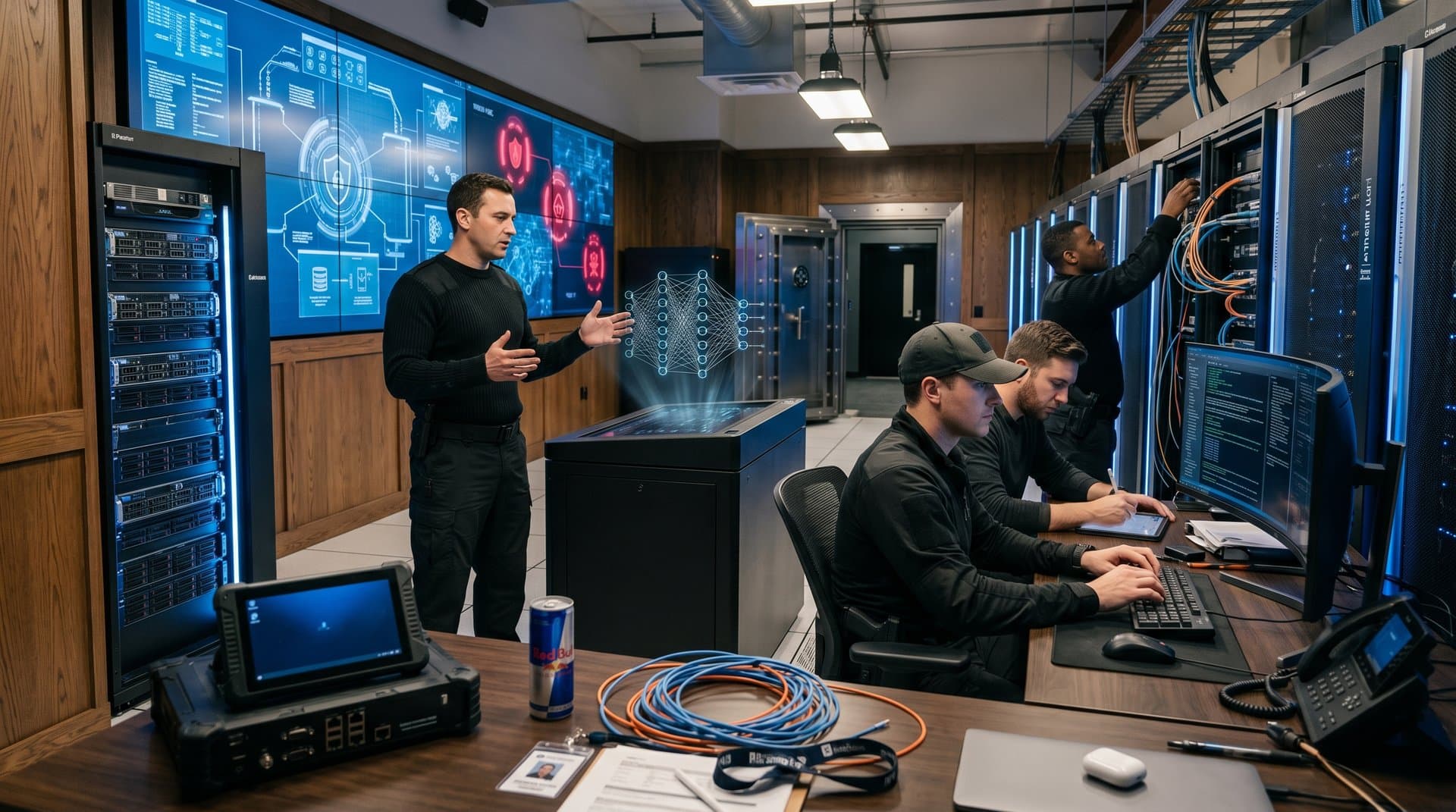 Secure server room with AI neural networks, edge devices, and cybersecurity visuals for Google Pentagon deployment