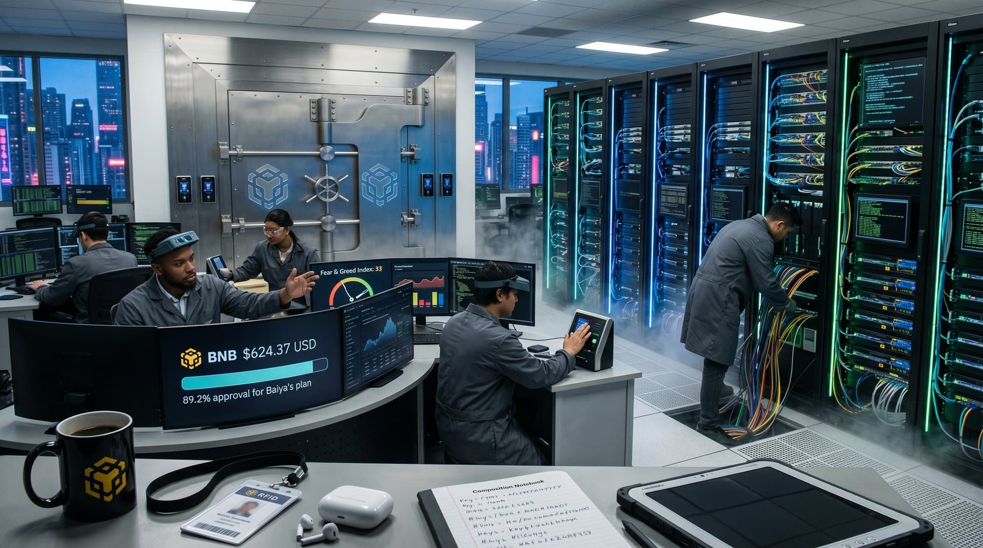 Futuristic Crypto Ark data center with BNB Chain servers, vote dashboards, and cybersecurity engineers monitoring blockchain security