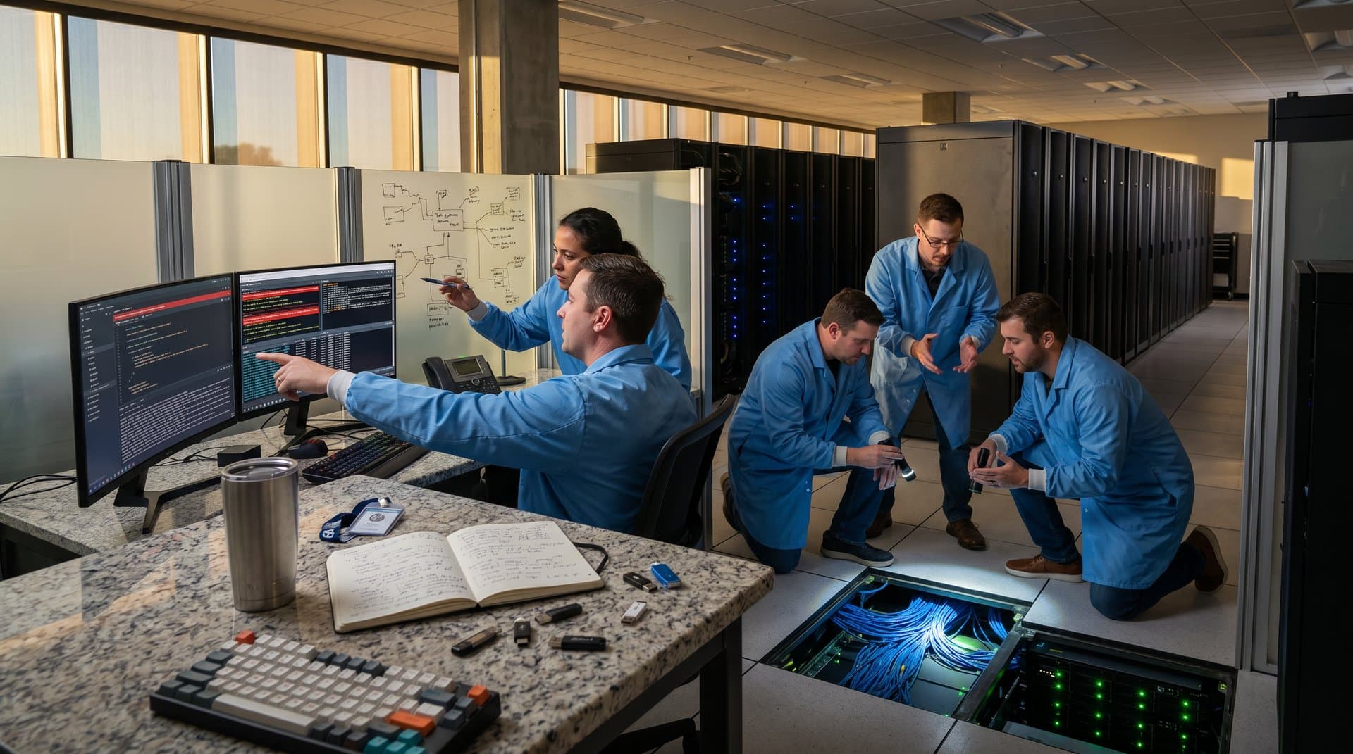 Server racks and monitors in data center showing npm vulnerability alerts and crypto traces