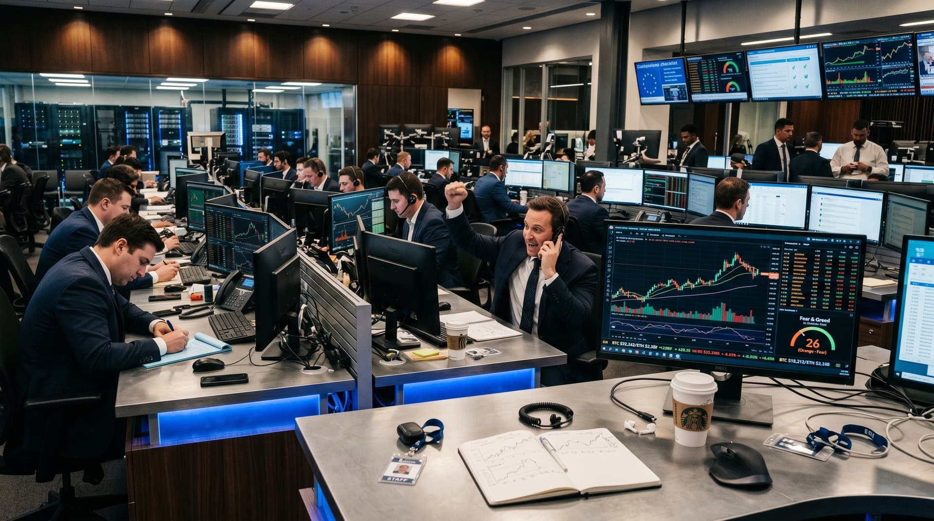 Digital screens show AI stock charts, crypto prices, and Fear & Greed Index in modern trading setup