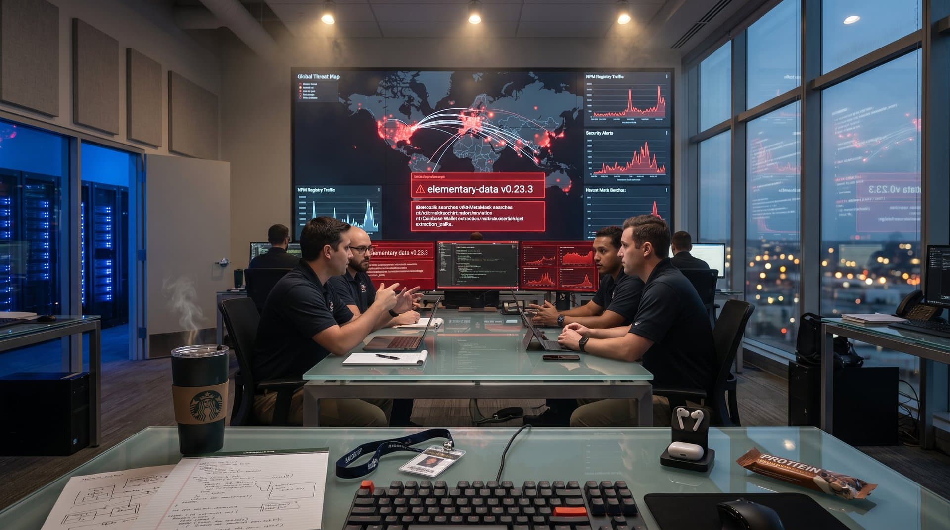 Cybersecurity command center screens showing NPM malware alerts for elementary-data package targeting crypto wallets