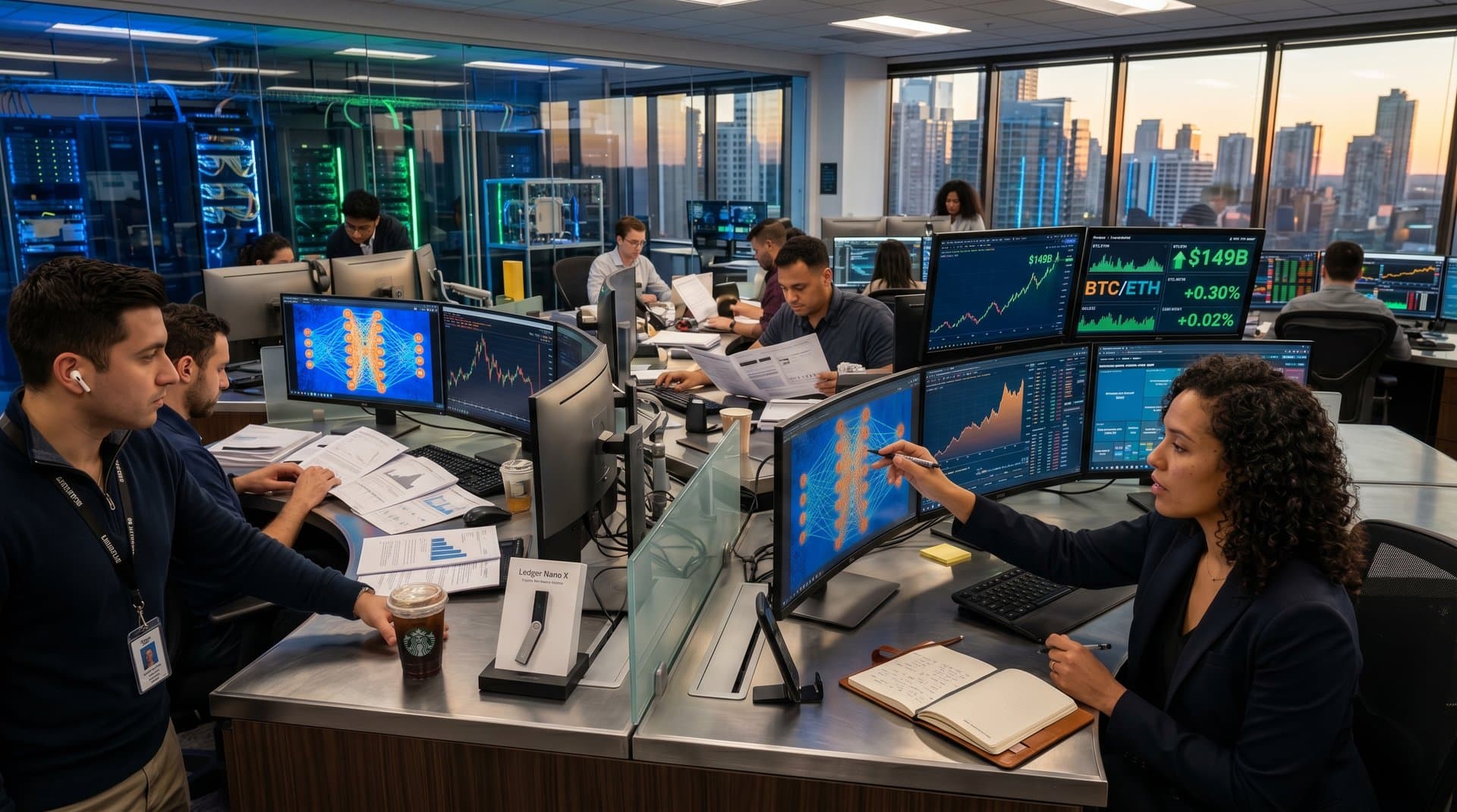 AI lab with neural network displays on monitors, GPU server racks, and collaborative workspace overlooking skyline