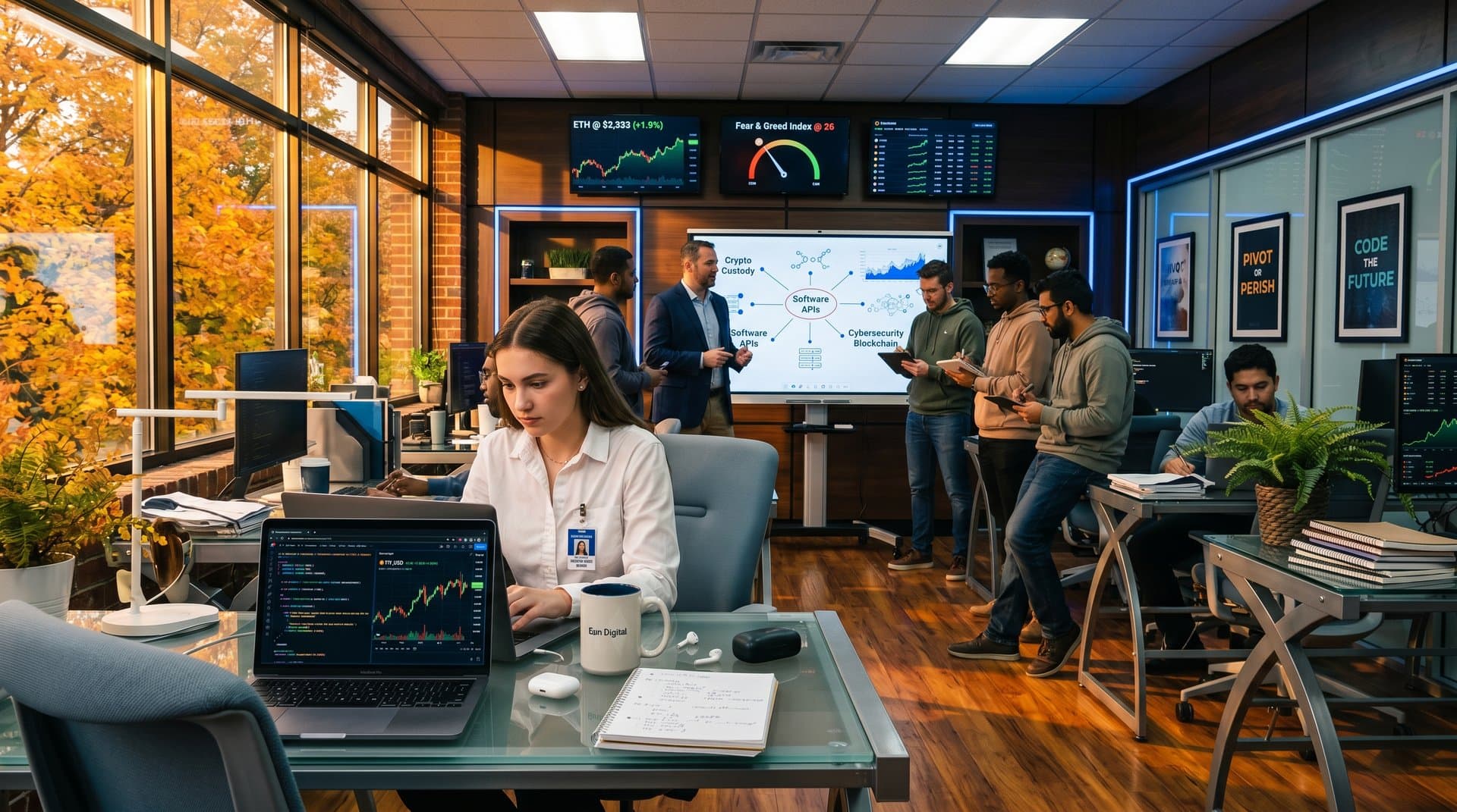 Fairport fintech office with team viewing crypto charts at $77K BTC, Fear Index 26, and expansion plans on screens
