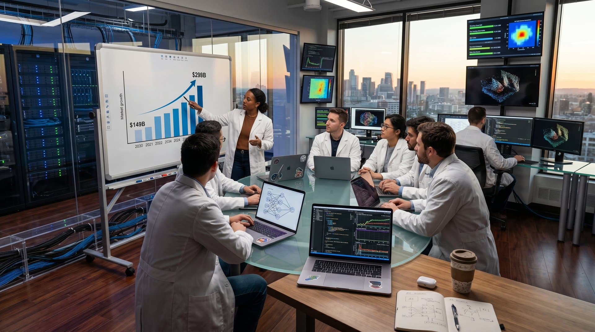 Futuristic AI lab displaying neural networks, market charts, crypto data amid server racks and city skyline