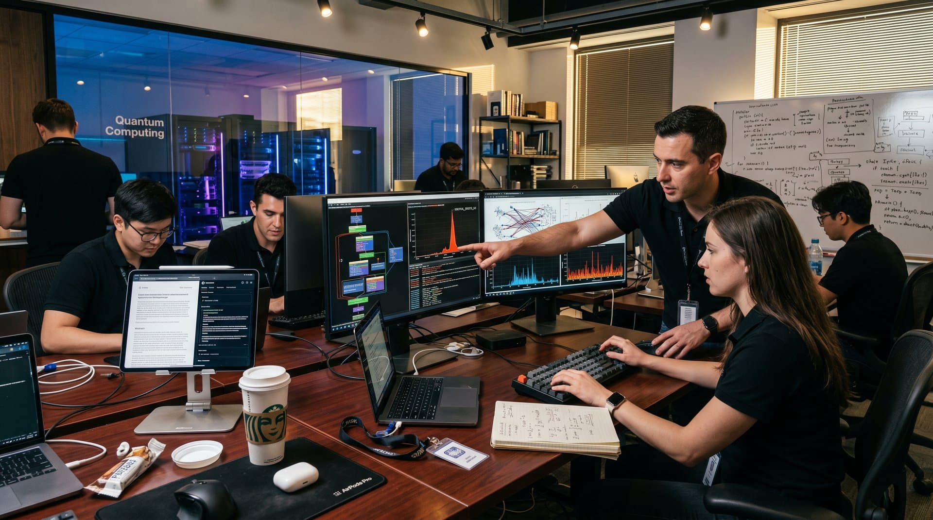 Lab setup with monitors showing LLVM code, register graphs, Solana data, and benchmarks in modern tech environment