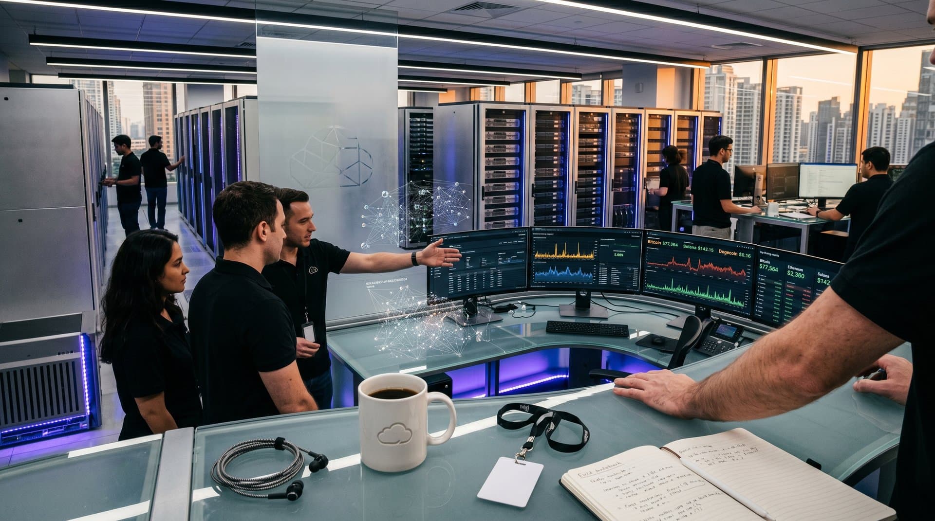 AWS data center screens show OpenAI Bedrock integration with AI metrics and crypto charts amid server racks